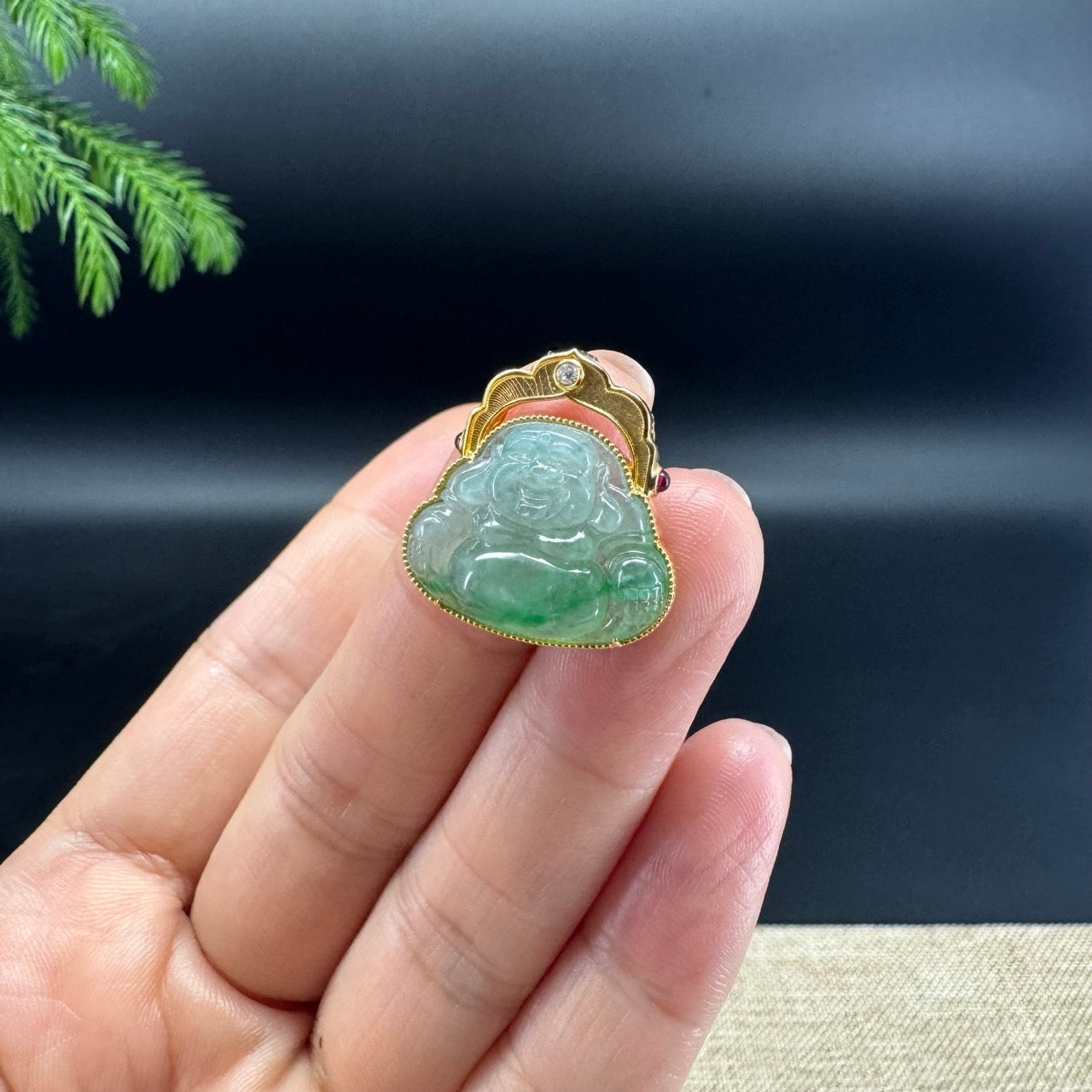 18K Yellow Gold Burmese Icy Green Jadeite Jade Happy Buddha Pendant