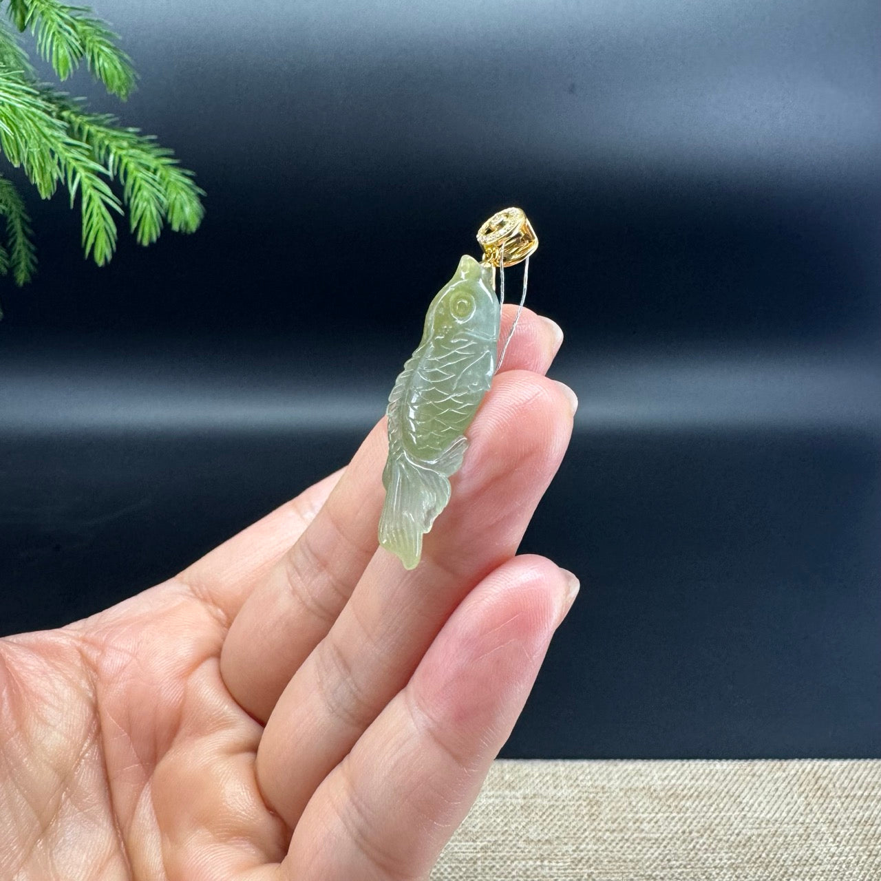 RealJade® Co. 18K Yellow Gold Genuine Yellow Green Jadeite Jade Koi Fish Necklace