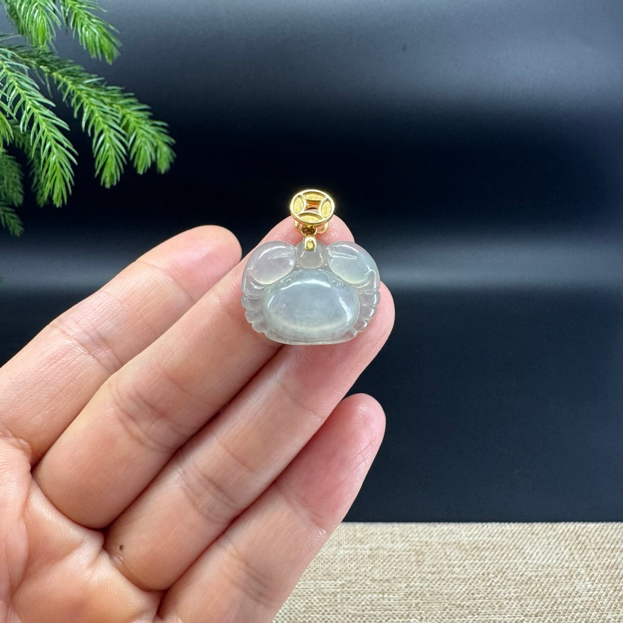 RealJade® Co. 18K Yellow Gold Genuine Icy Light Green Jadeite Jade Crab Necklace