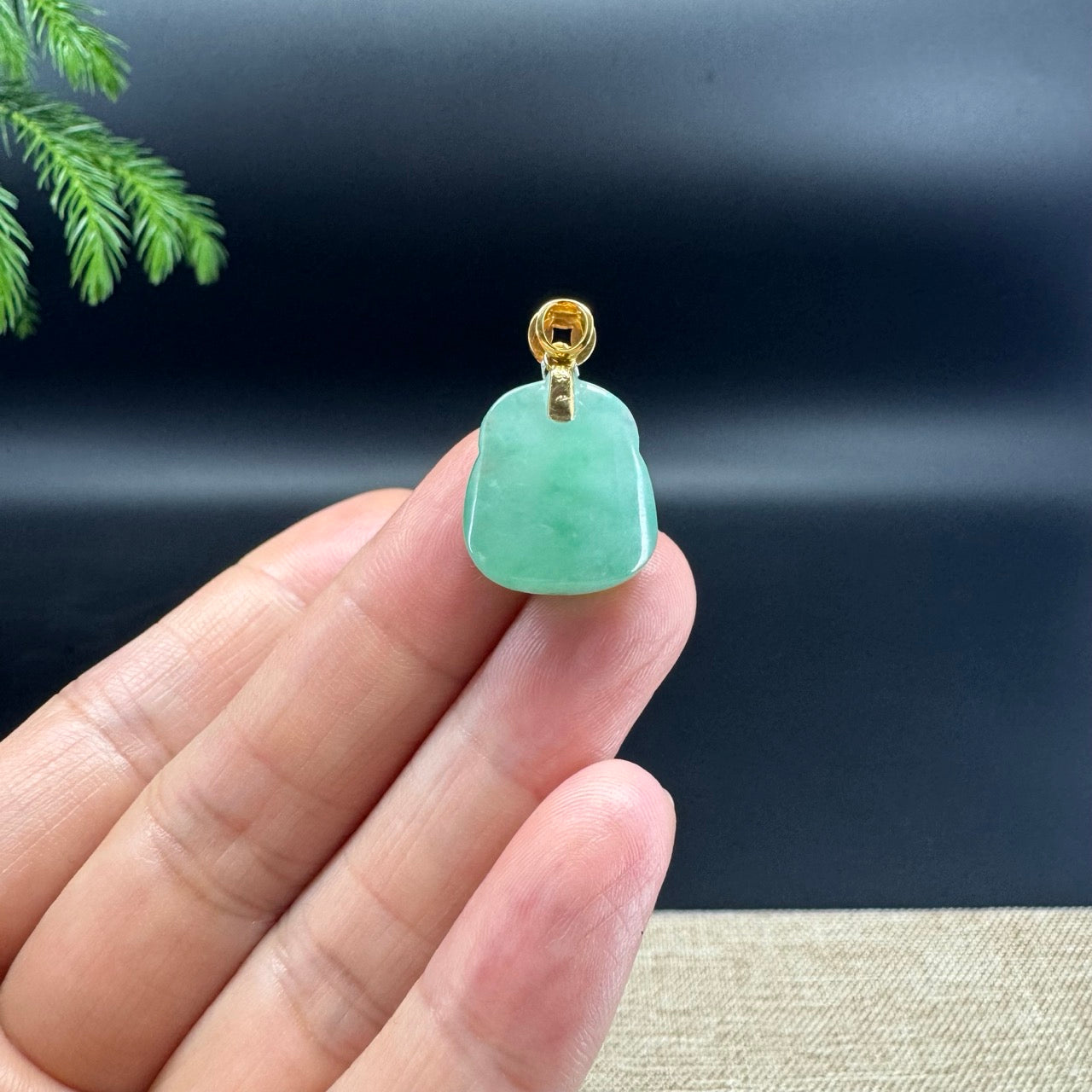18K Yellow Gold Burmese Bright Green Jadeite Jade Mini Money Saint Pendant