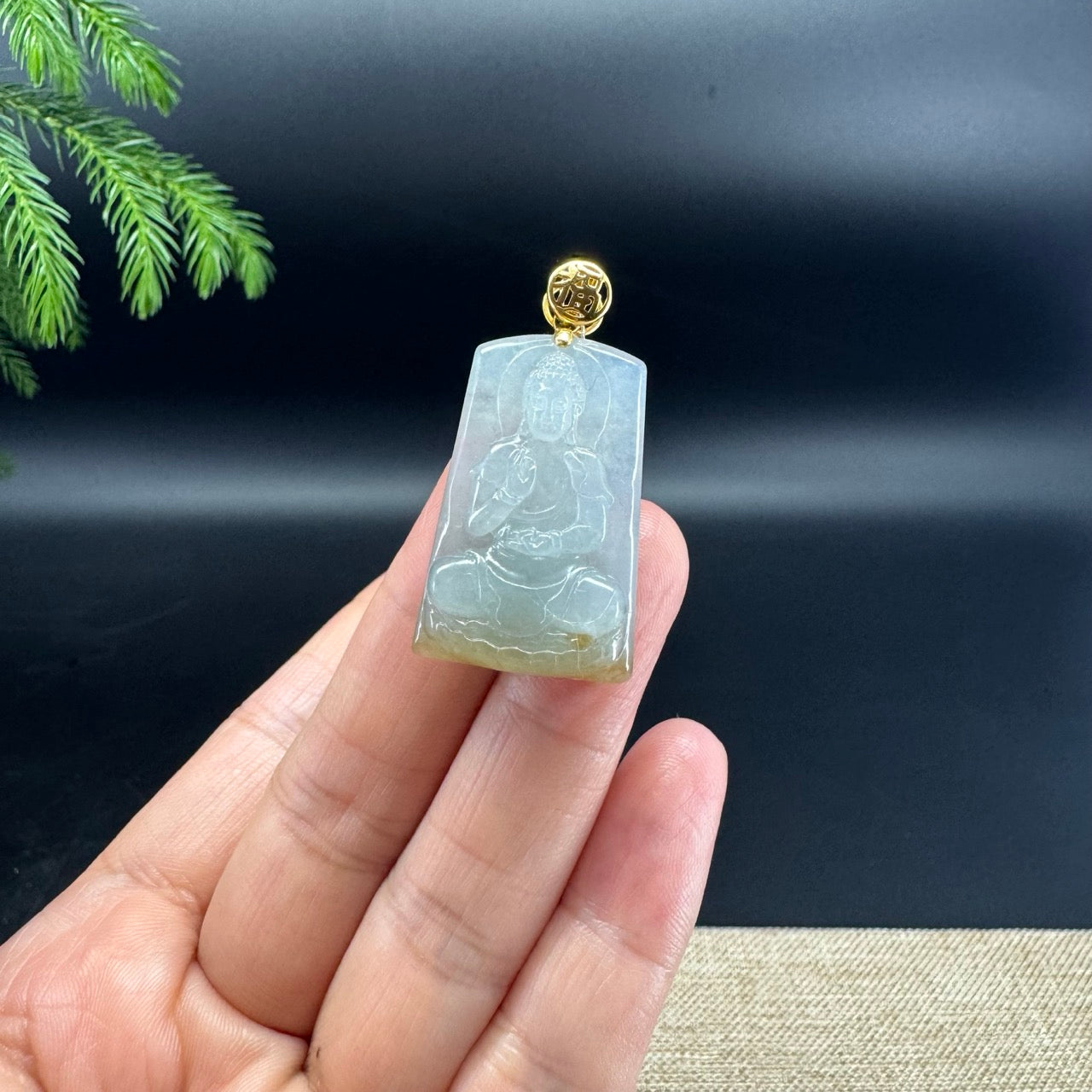 18K Yellow Gold Burmese Light Green Yellow Jadeite Jade Buddha Pendant