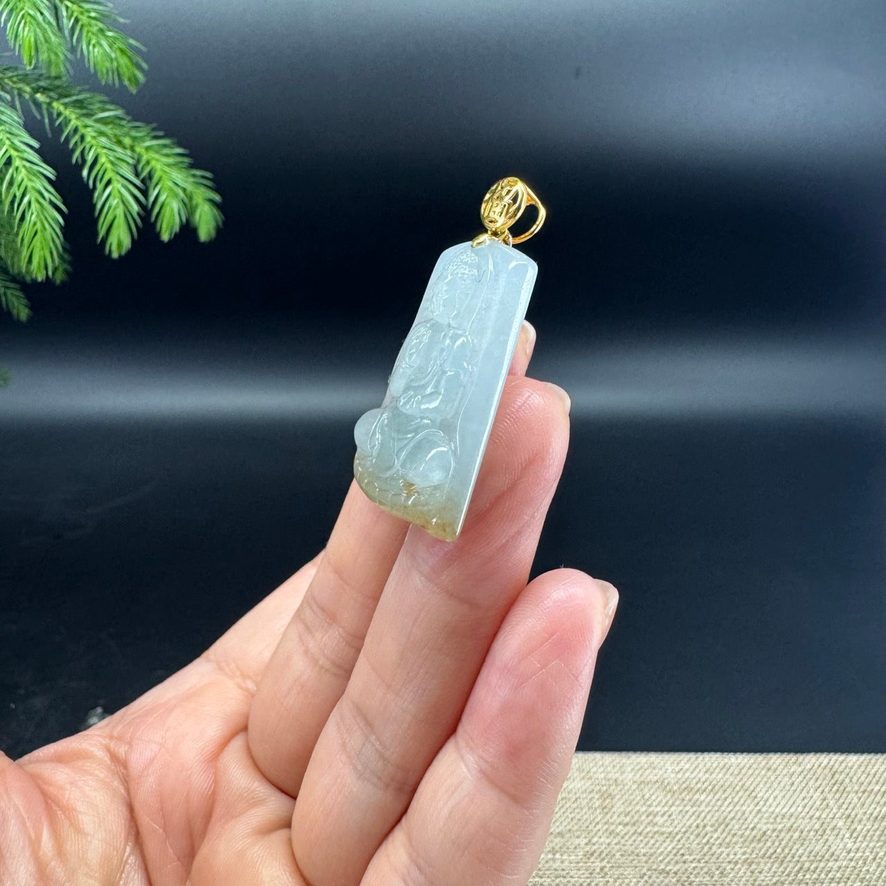 18K Yellow Gold Burmese Light Green Yellow Jadeite Jade Buddha Pendant