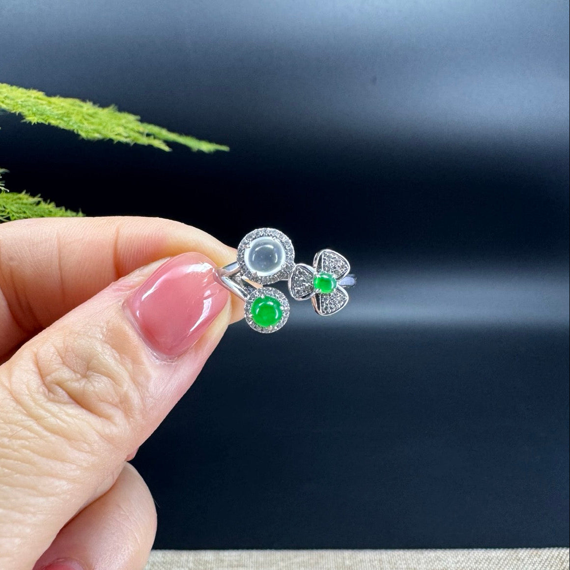 RealJade® 18k White Gold Natural Ice green & Imperial Cherry and Clover Jadeite Engagement Ring With Diamonds