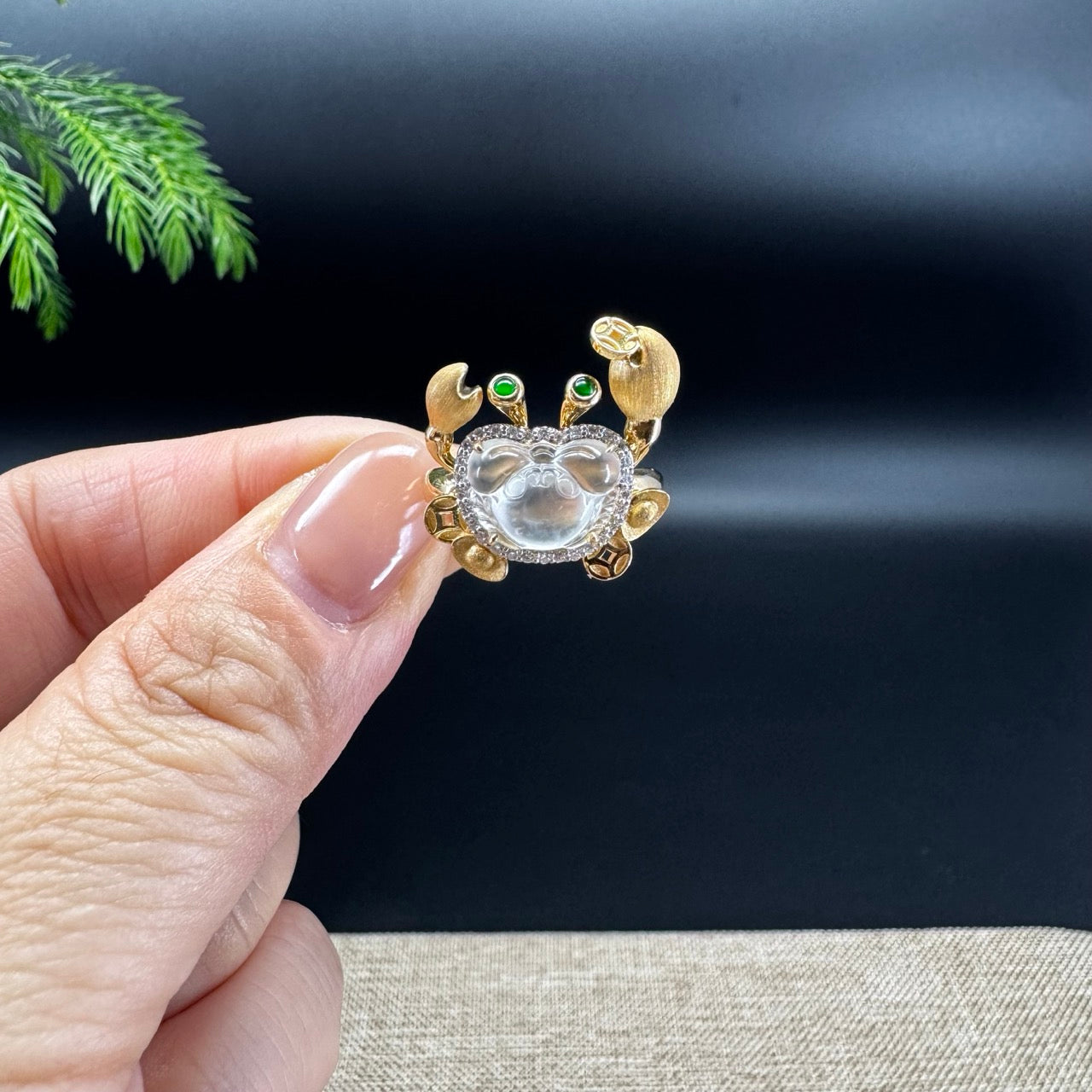 RealJade® Co. 18K Yellow Gold Icy White Jadeite Jade Crab Ring