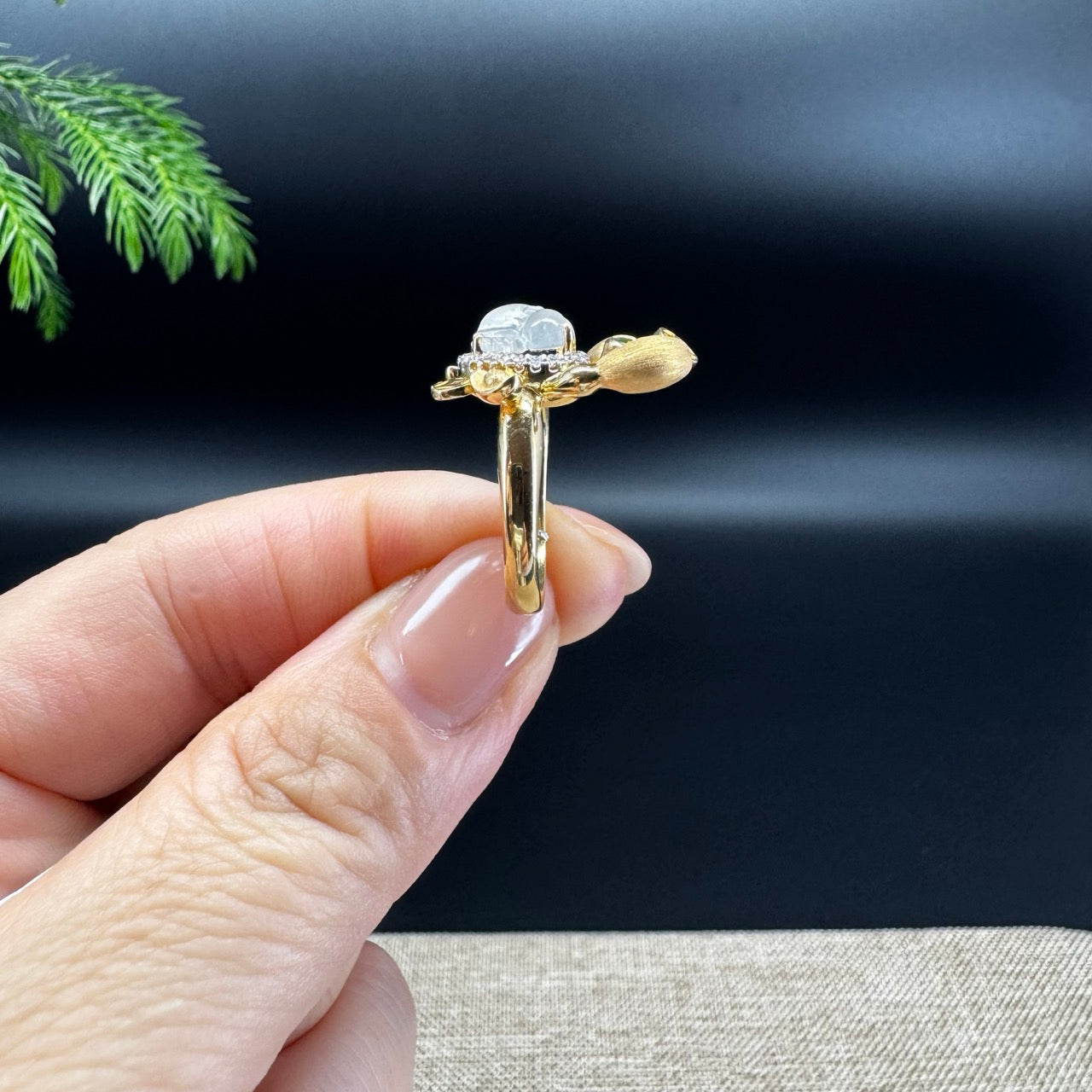 RealJade® Co. 18K Yellow Gold Icy White Jadeite Jade Crab Ring