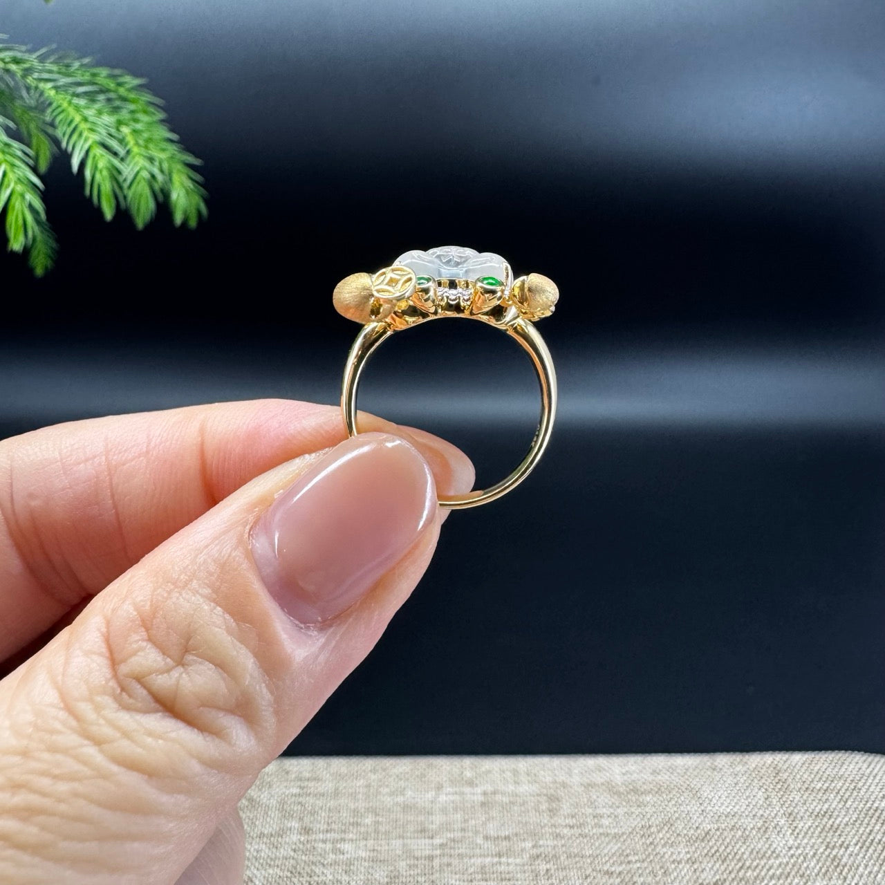 RealJade® Co. 18K Yellow Gold Icy White Jadeite Jade Crab Ring
