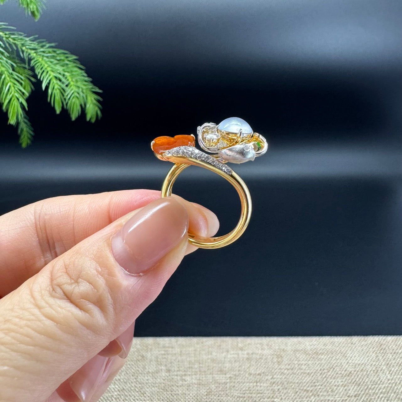 RealJade®  18K Yellow Gold Flower Multicolors Jadeite Jade Diamonds Ring