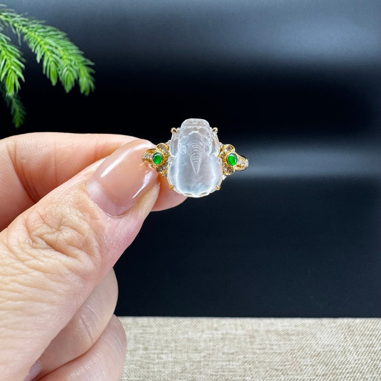RealJade® 18K Yellow Gold Icy Moonlight Jadeite Jade PiXiu Ring With Diamonds