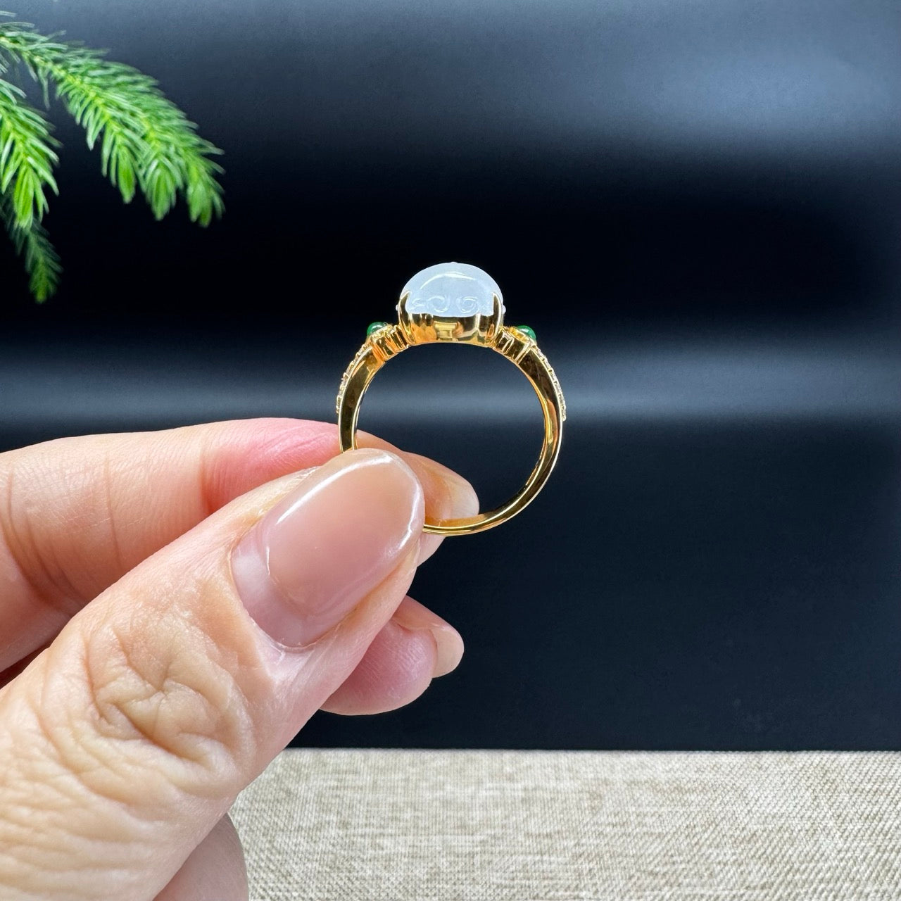 RealJade® 18K Yellow Gold Icy Moonlight Jadeite Jade PiXiu Ring With Diamonds