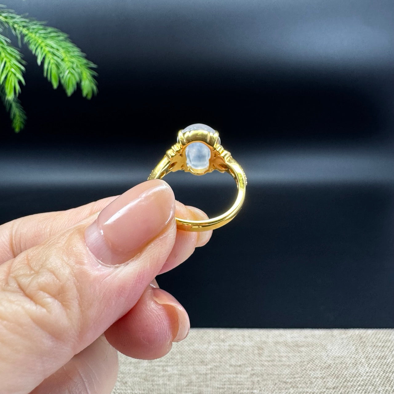 RealJade® 18K Yellow Gold Icy Moonlight Jadeite Jade PiXiu Ring With Diamonds