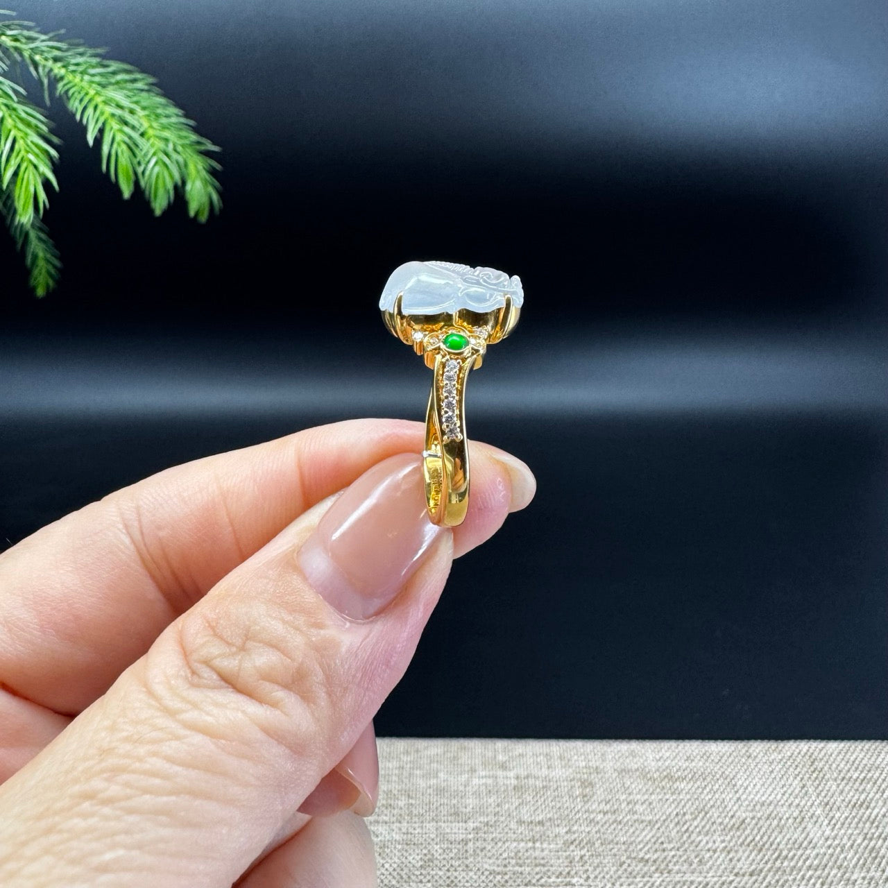 RealJade® 18K Yellow Gold Icy Moonlight Jadeite Jade PiXiu Ring With Diamonds