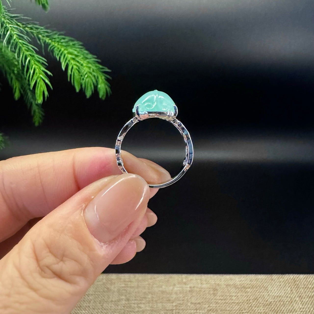 RealJade® 18K White Gold Light Green Jadeite Jade PiXiu Ring