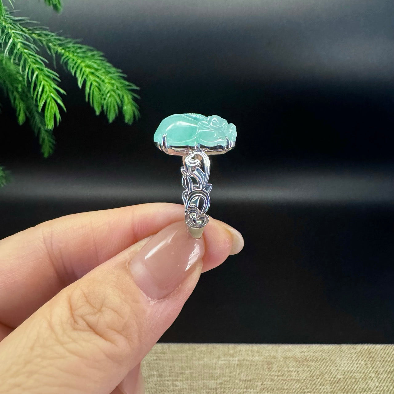 RealJade® 18K White Gold Light Green Jadeite Jade PiXiu Ring