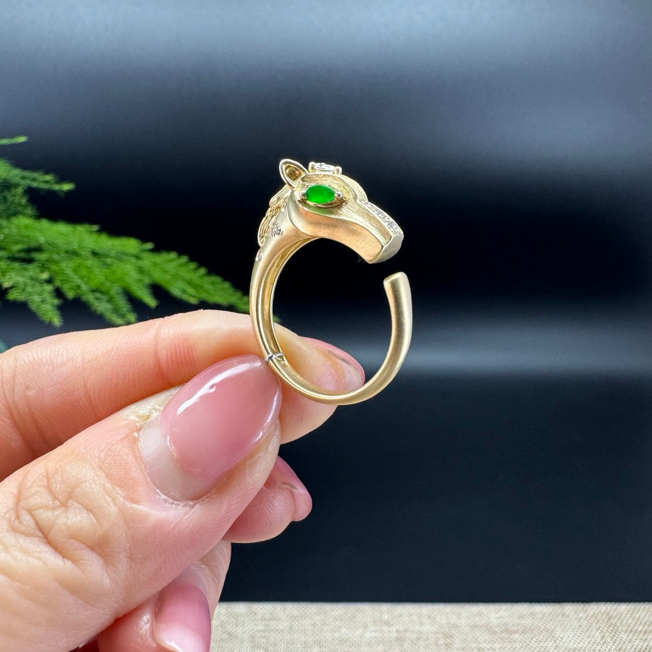 RealJade® 18k Yellow Gold Natural Green Jadeite Horse Ring With Diamonds