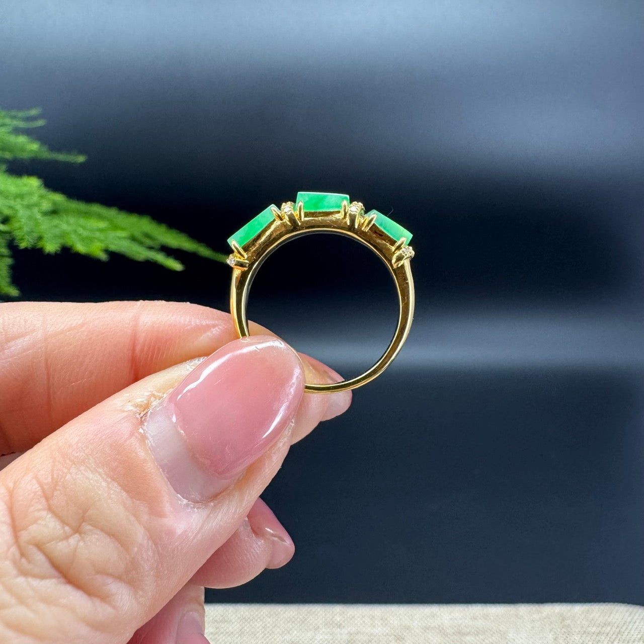 RealJade® 18K Yellow Gold Spicy Green Jadeite Jade Bamboo Ring