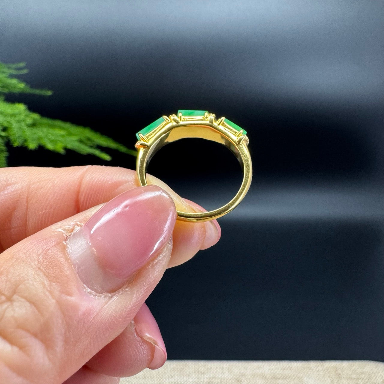 RealJade® 18K Yellow Gold Spicy Green Jadeite Jade Bamboo Ring