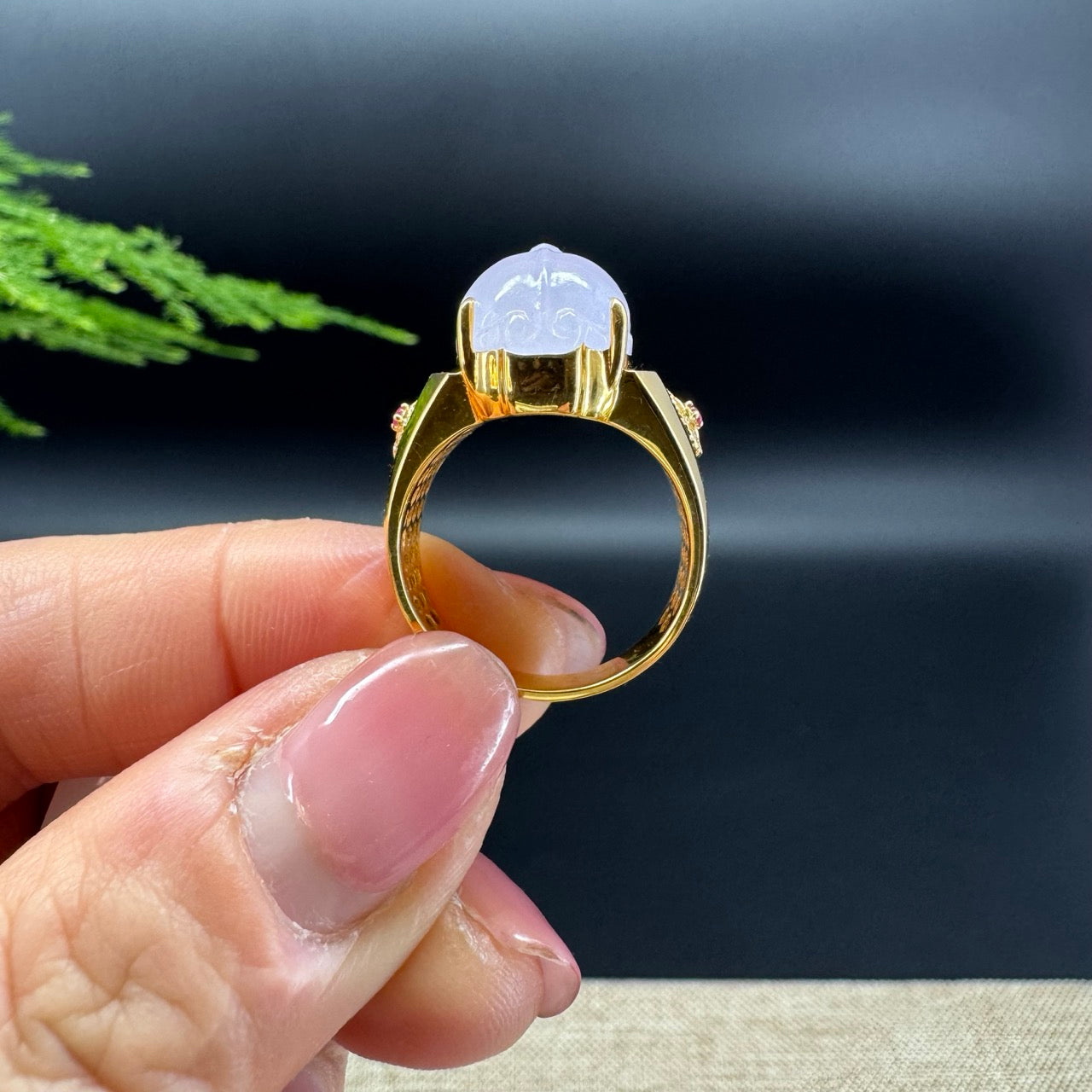 RealJade® 18K Yellow Gold Icy Lavender Jadeite Jade PiXiu Ring