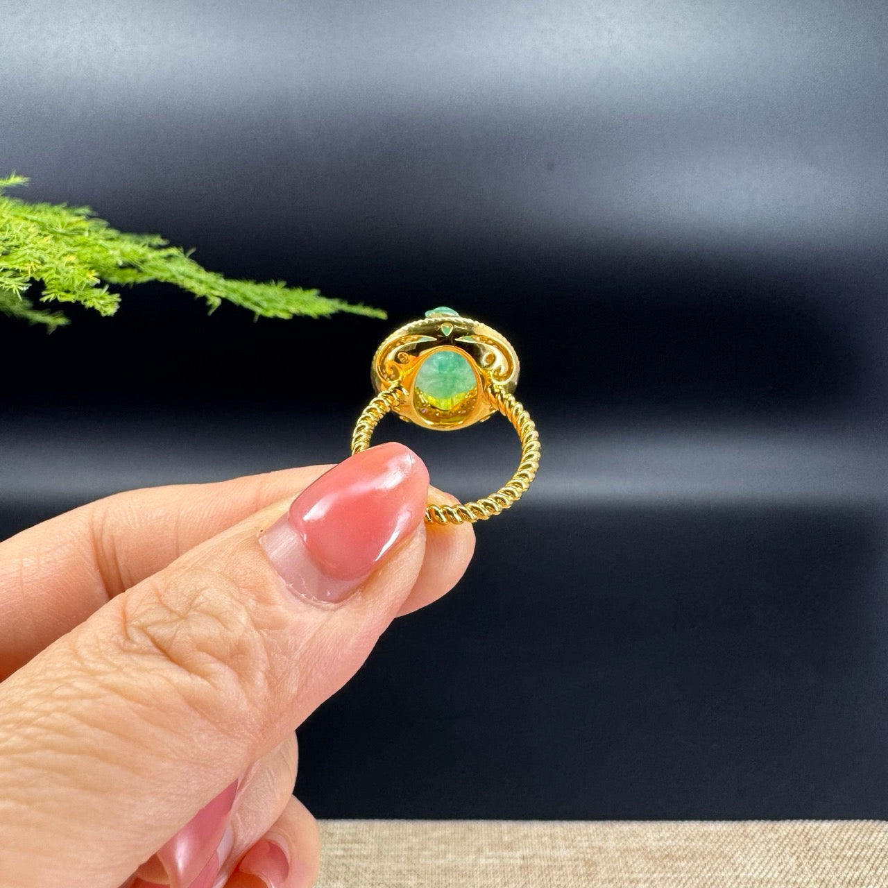 RealJade® "Signature Signet" 18K Yellow Gold Icy Green Jadeite Jade Diamonds Triangular Toad Ring