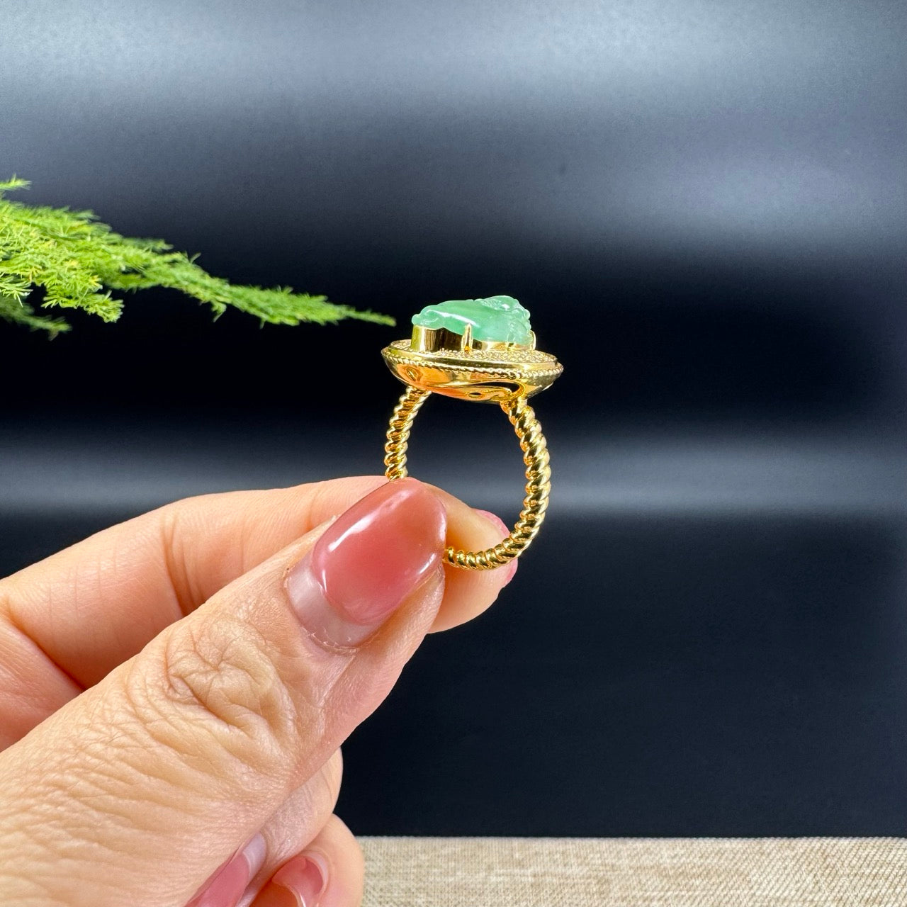 RealJade® "Signature Signet" 18K Yellow Gold Icy Green Jadeite Jade Diamonds Triangular Toad Ring