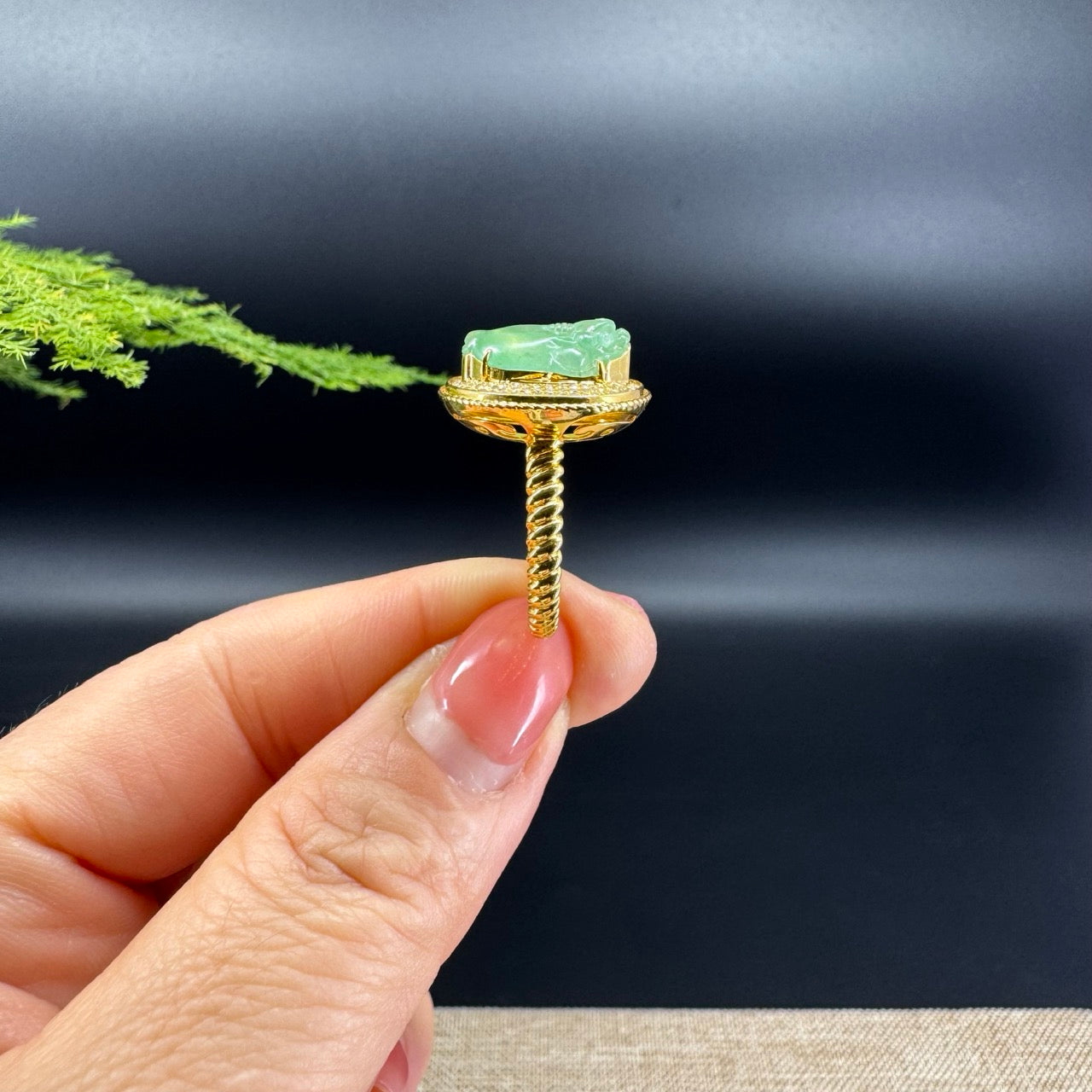 RealJade® "Signature Signet" 18K Yellow Gold Icy Green Jadeite Jade Diamonds Triangular Toad Ring