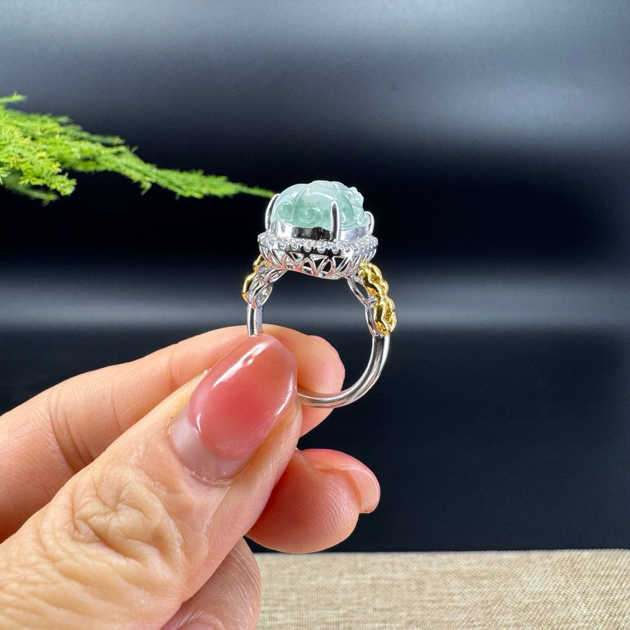 RealJade® "Signature Signet" 18K White Gold Icy Green Jadeite Jade Pi Xiu Ring