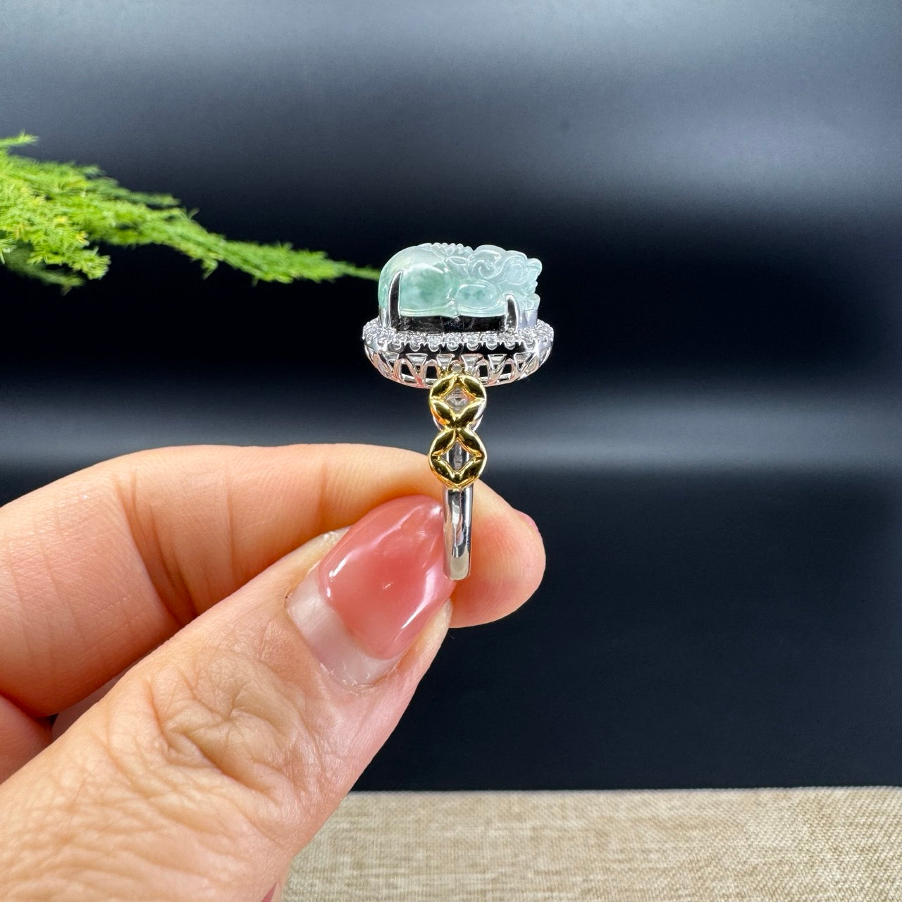 RealJade® "Signature Signet" 18K White Gold Icy Green Jadeite Jade Pi Xiu Ring
