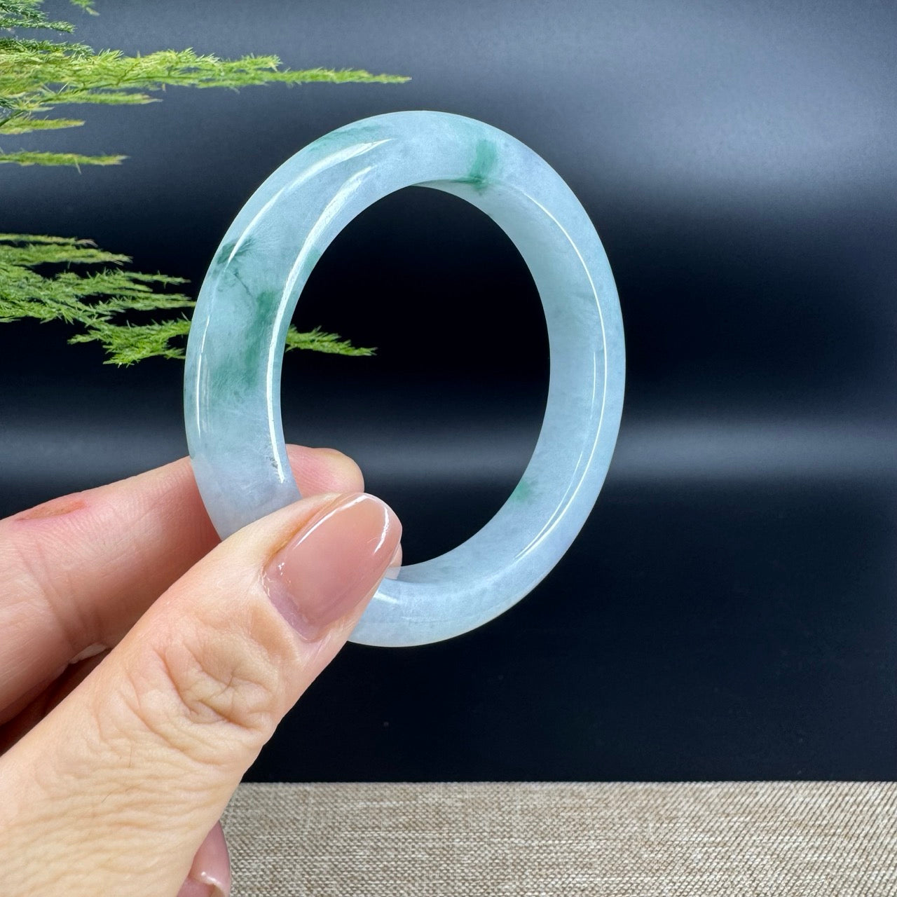 Genuine Burmese Blue Green Flower Jade Jadeite Bangle Bracelet ( 56.3mm )