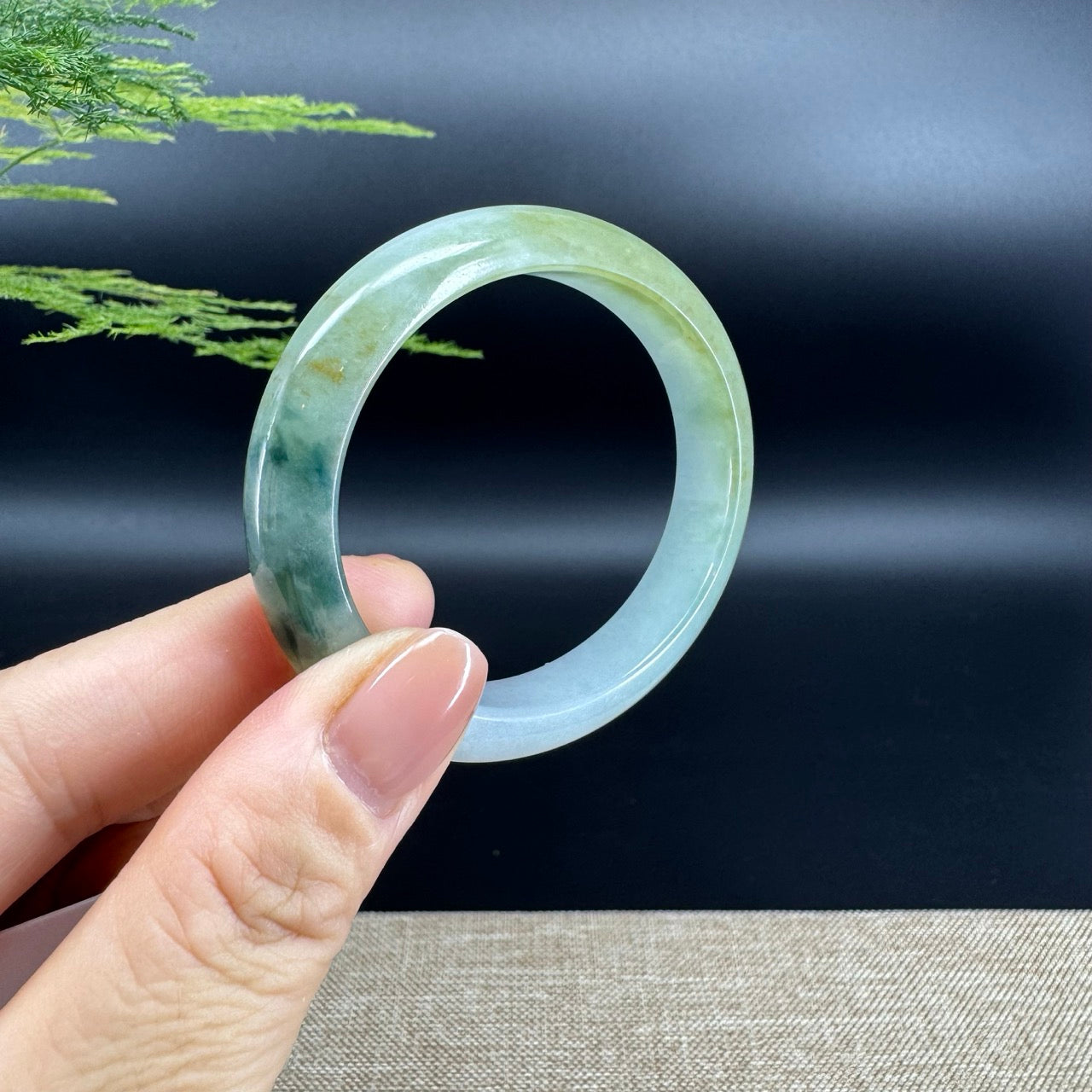 Genuine Burmese Blue Flower Green Jade Jadeite Bangle Bracelet (53.9mm*47.3mm)