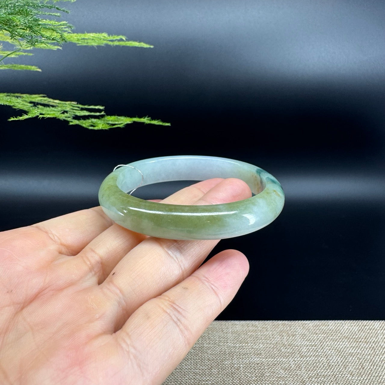 Genuine Burmese Blue Flower Green Jade Jadeite Bangle Bracelet (53.9mm*47.3mm)