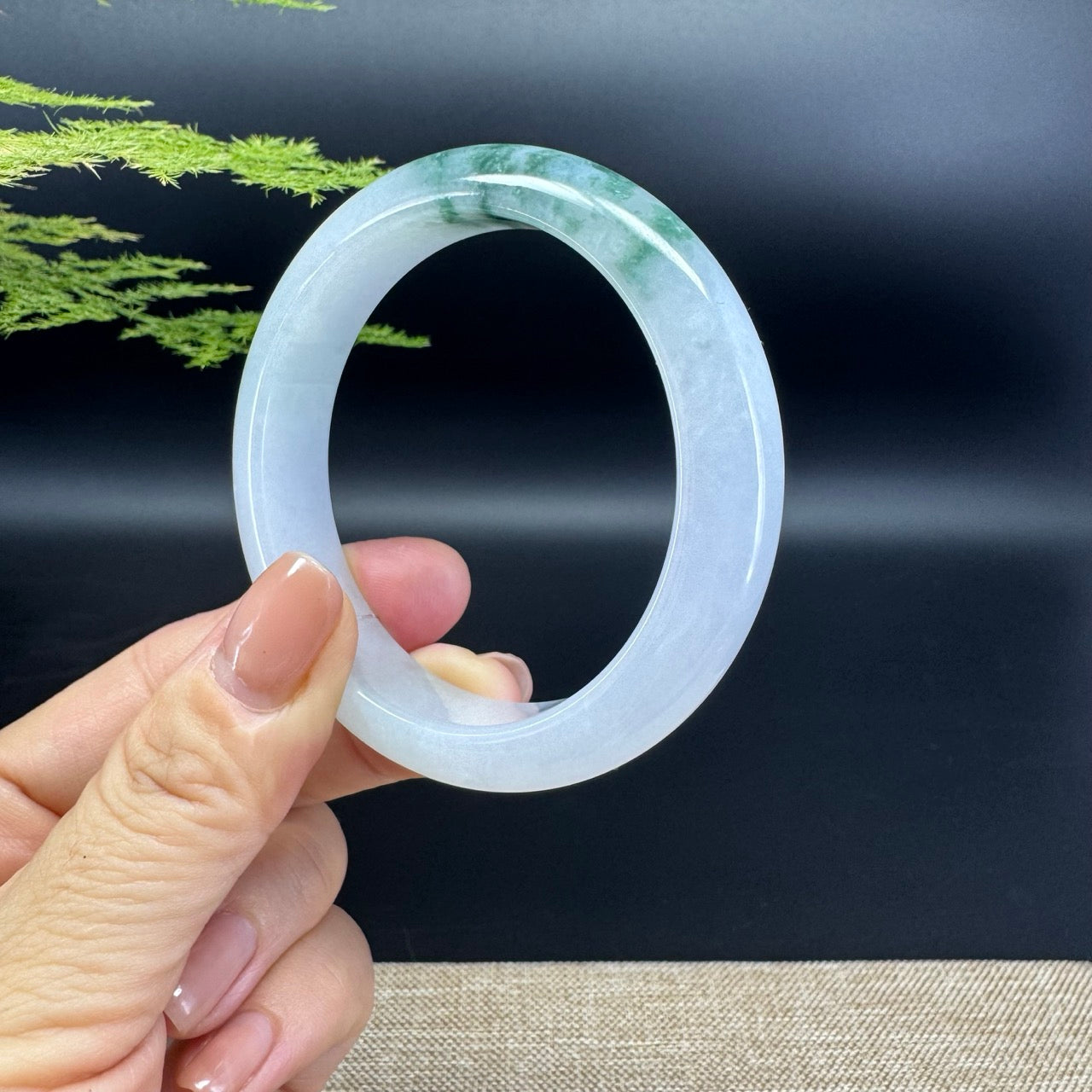 Genuine Burmese White Green Flower Jade Jadeite Bangle Bracelet ( 55.4mm )