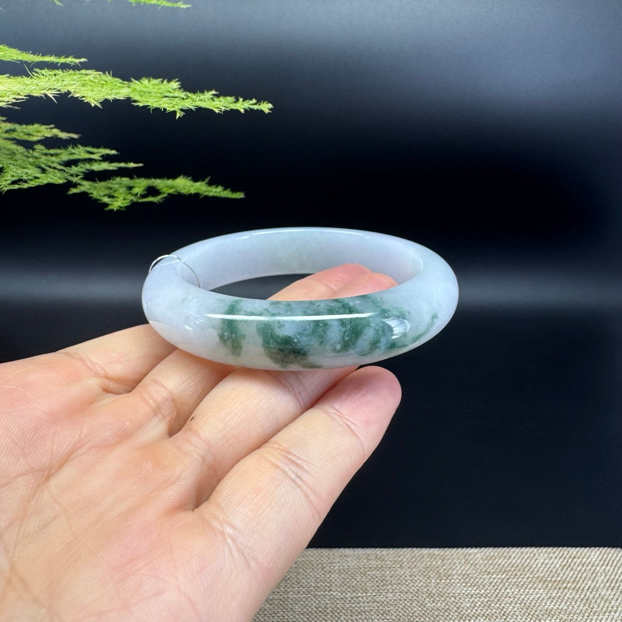 Genuine Burmese White Green Flower Jade Jadeite Bangle Bracelet ( 55.4mm )