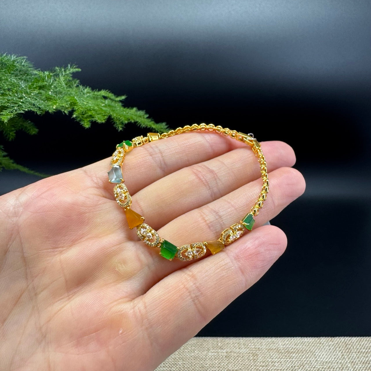 18K Yellow Gold Multi-color Jadeite Jade Bracelet With Diamonds