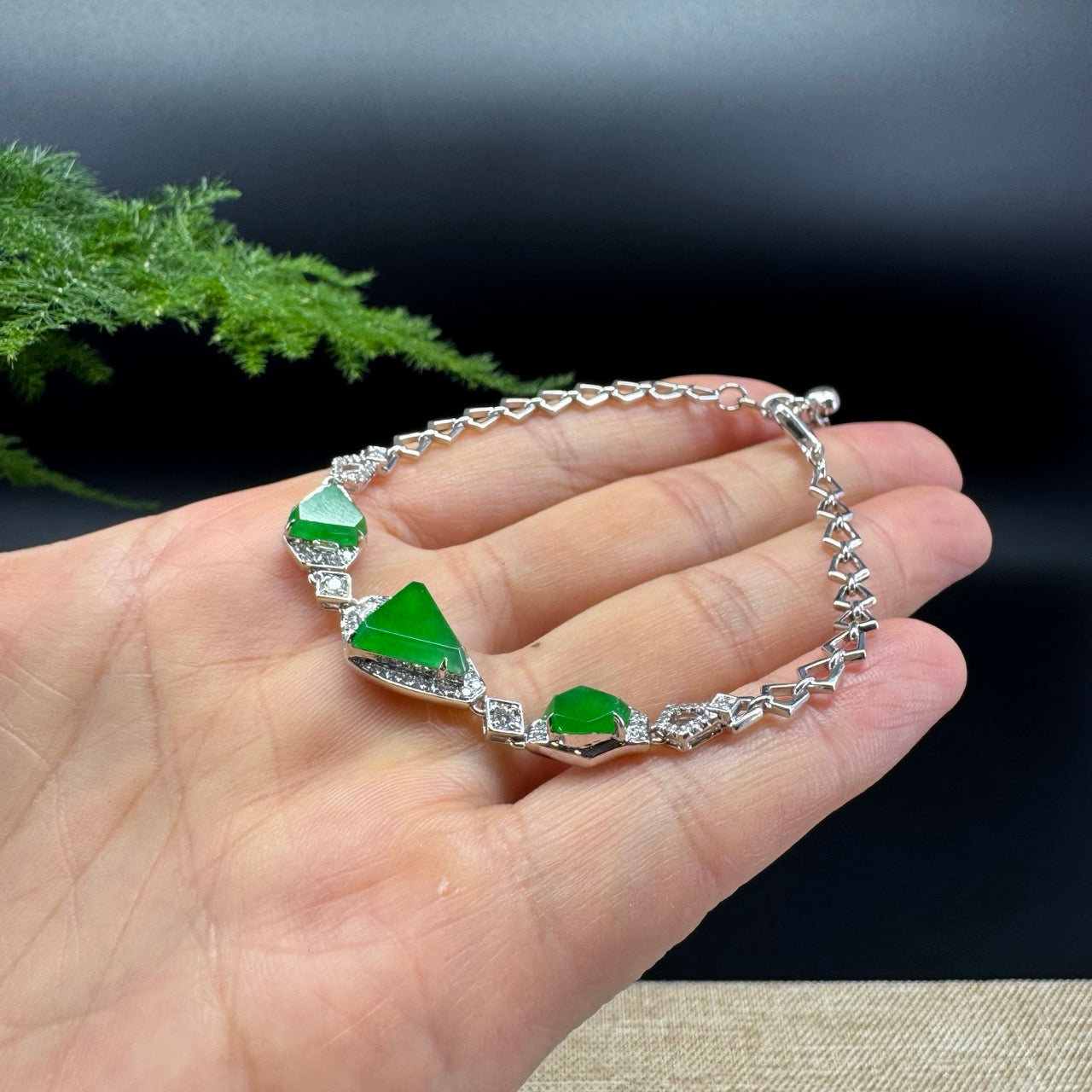 These geometric jadeite jade pieces are so special, easy style but surrounded by diamonds