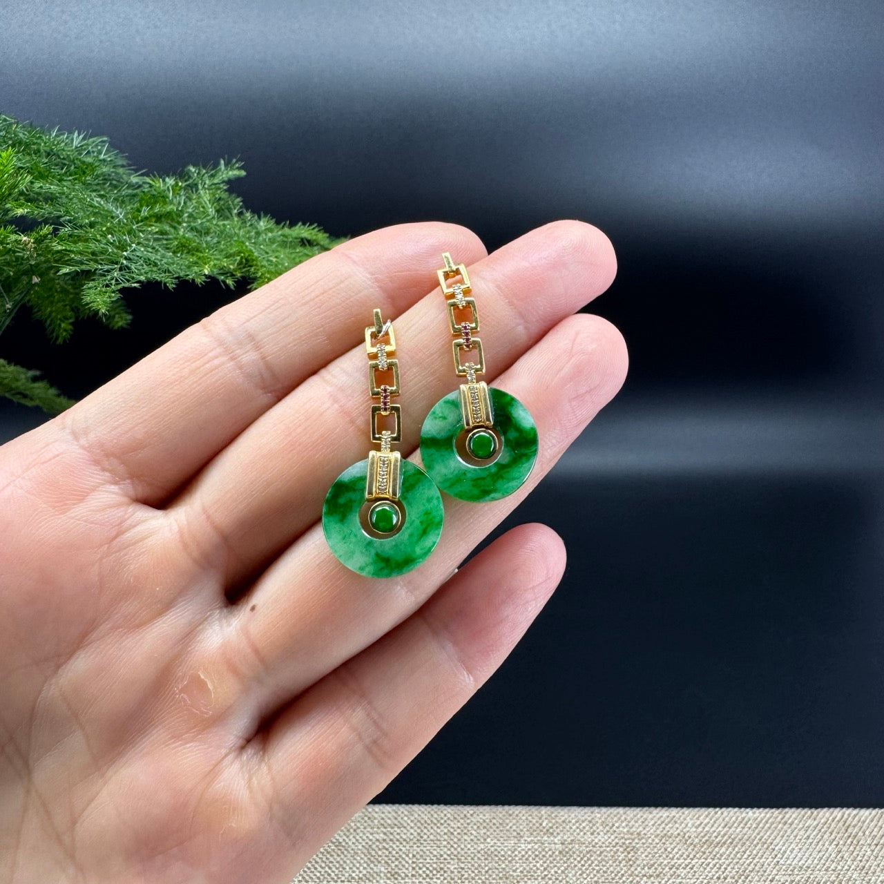 18k Yellow Gold Genuine Spicy Green Jadeite Jade Earrings With Diamonds