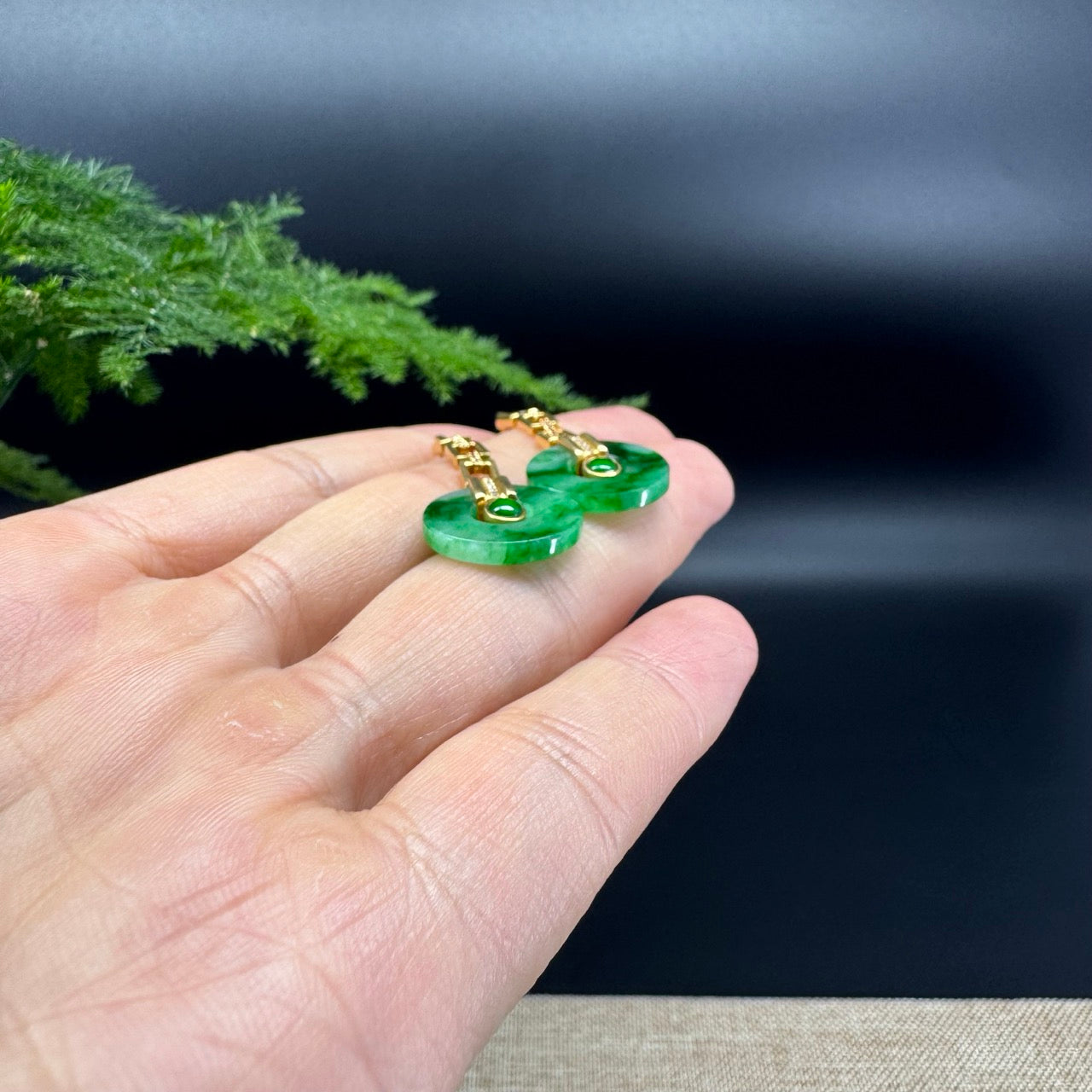 18k Yellow Gold Genuine Spicy Green KouKou Jadeite Jade Earrings With Diamonds