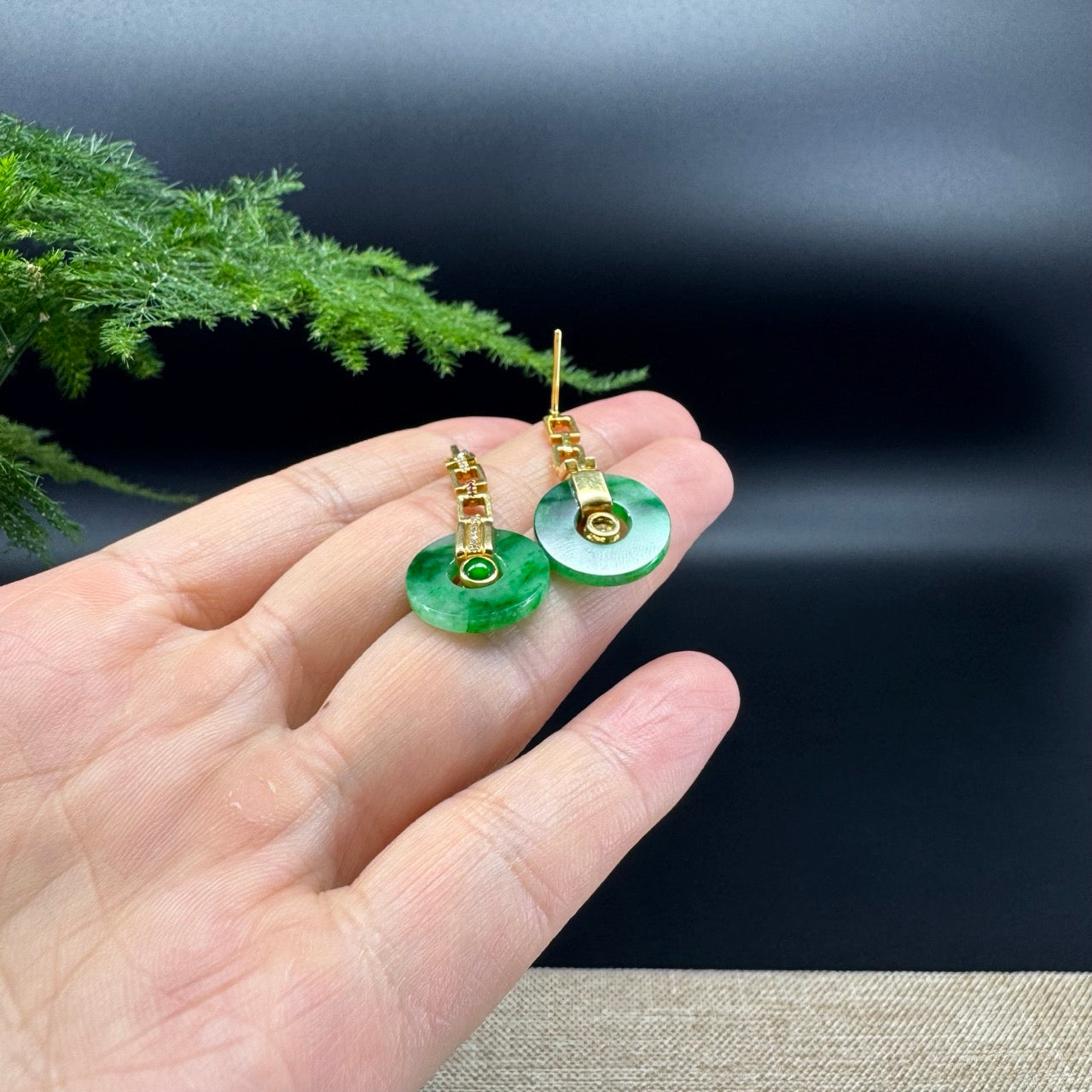 18k Yellow Gold Genuine Spicy Green KouKou Jadeite Jade Earrings With Diamonds