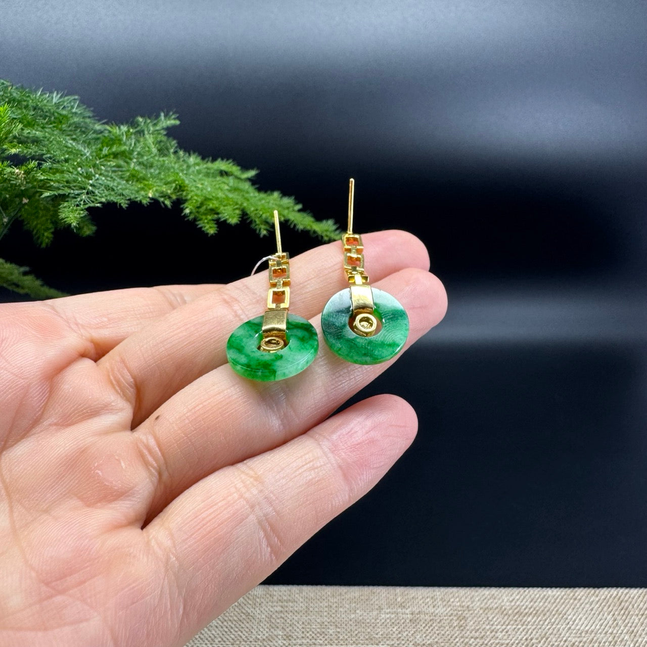 18k Yellow Gold Genuine Spicy Green KouKou Jadeite Jade Earrings With Diamonds