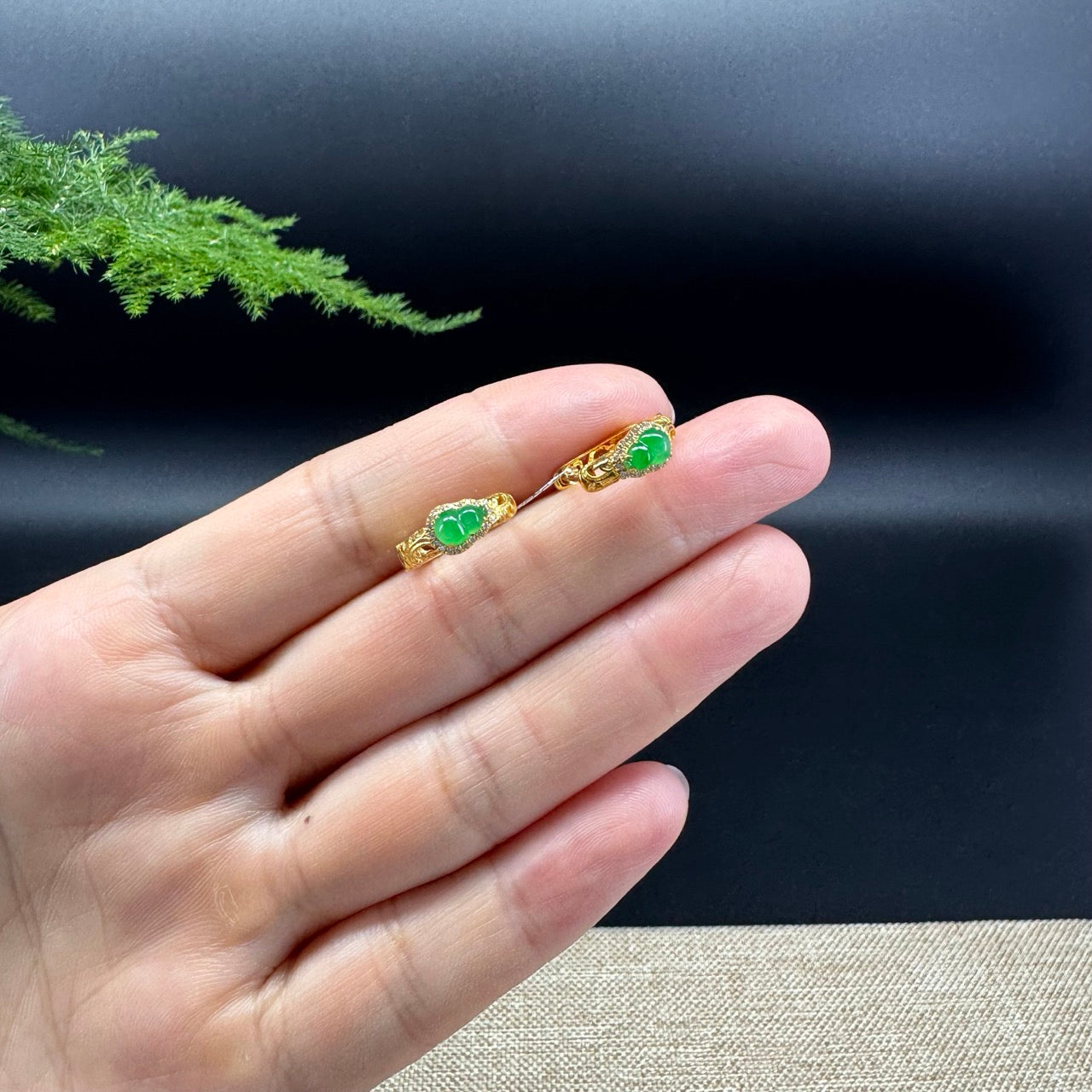 RealJade® 18k Yellow Gold Imperial Green Jadeite Jade Hulu Diamonds Earrings