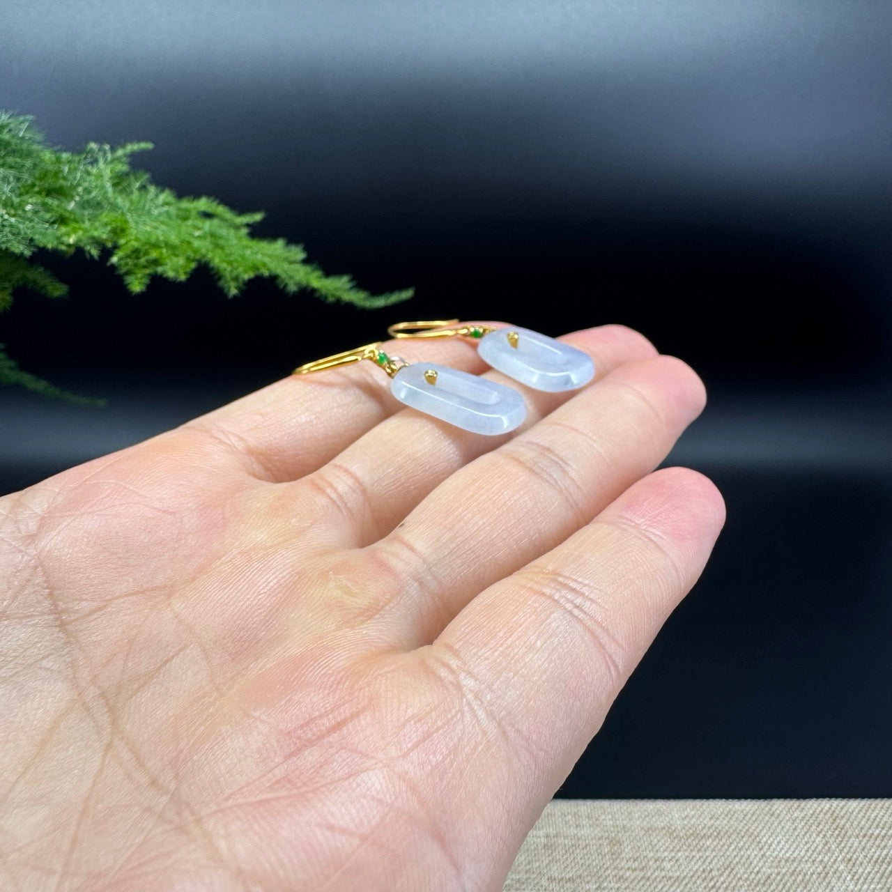 18k Yellow Gold Genuine Light Lavender Koukou Jadeite Jade  Earrings