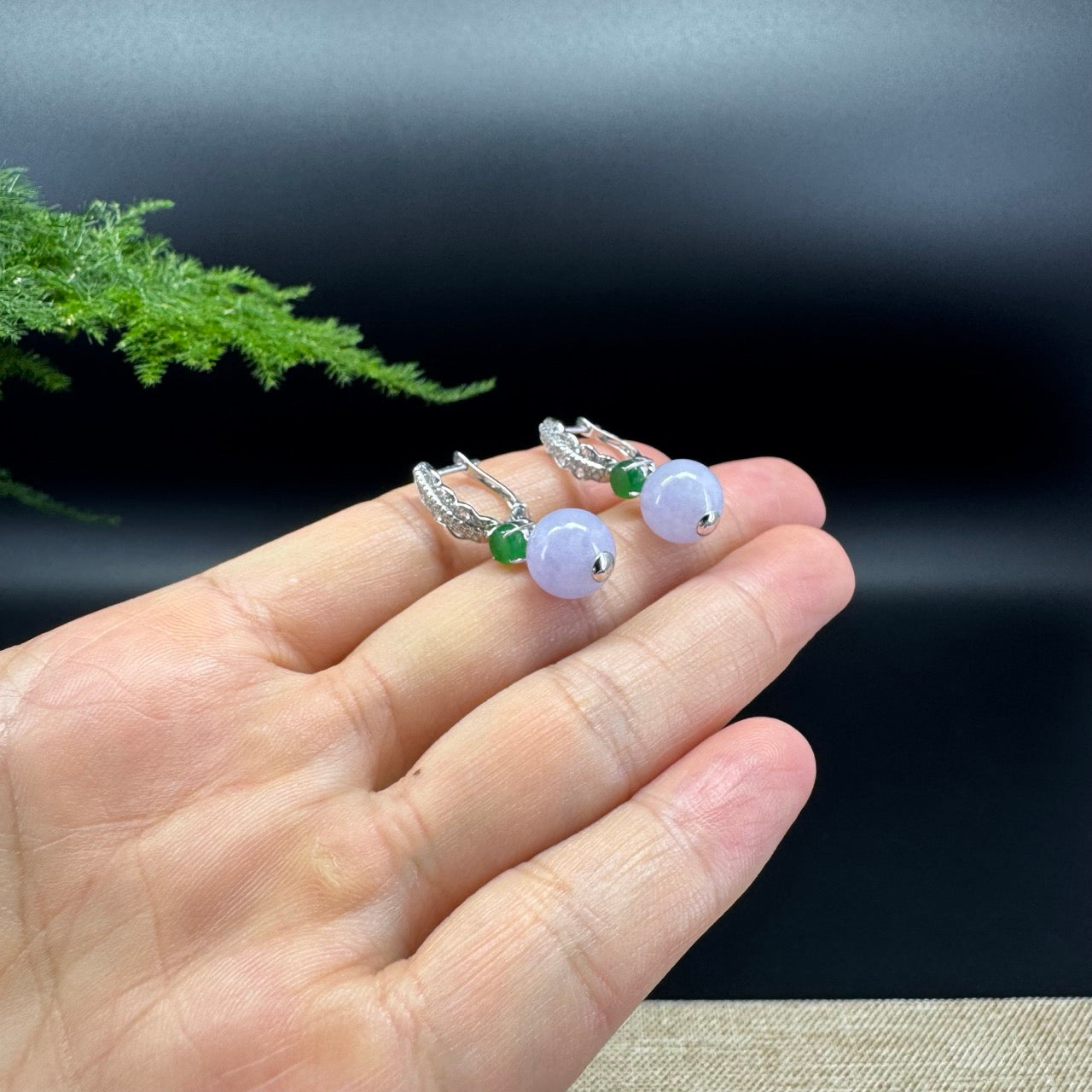 18k White Gold Genuine Lavender Bead Jadeite Jade Earrings with Diamonds