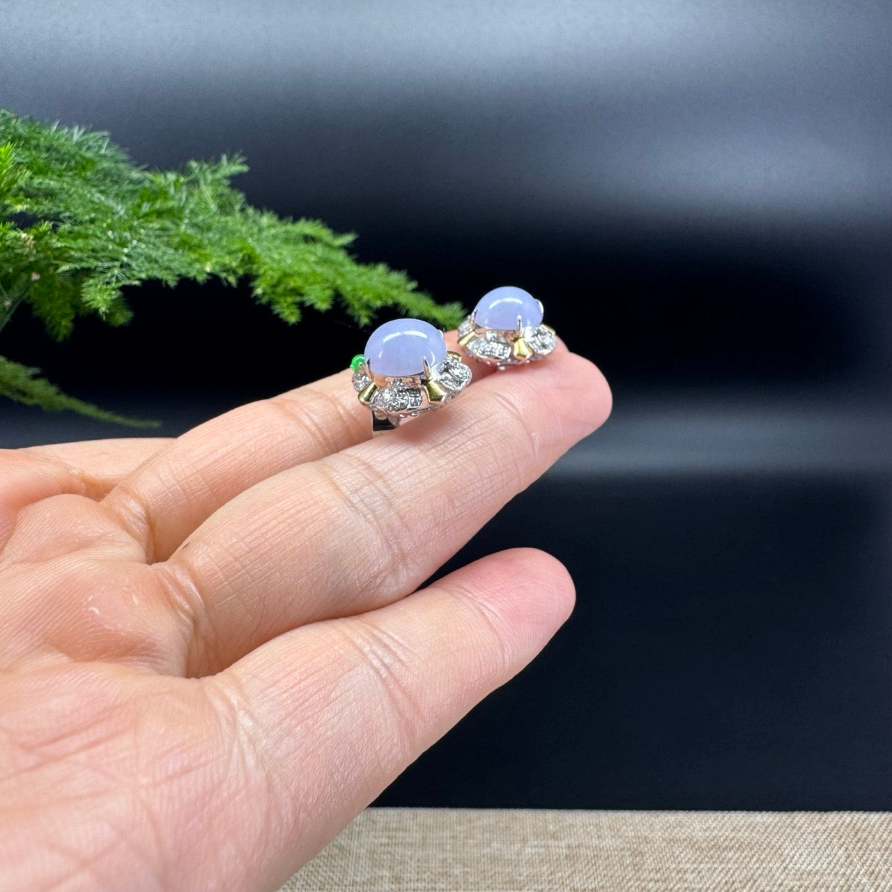 RealJade® 18k Gold Burmese Lavender Jadeite Jade Cabochon Stud Earrings with Diamonds