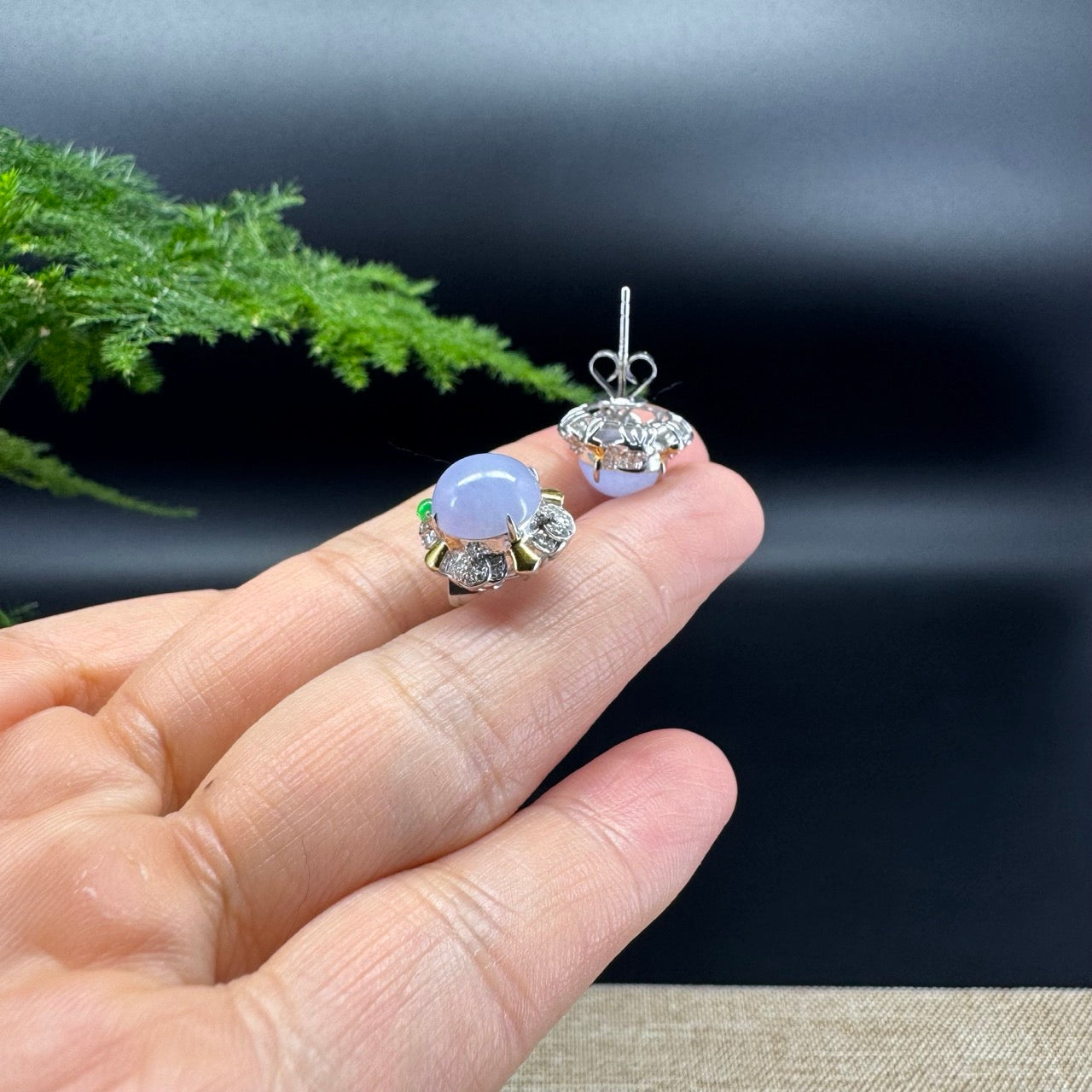RealJade® 18k Gold Burmese Lavender Jadeite Jade Cabochon Stud Earrings with Diamonds