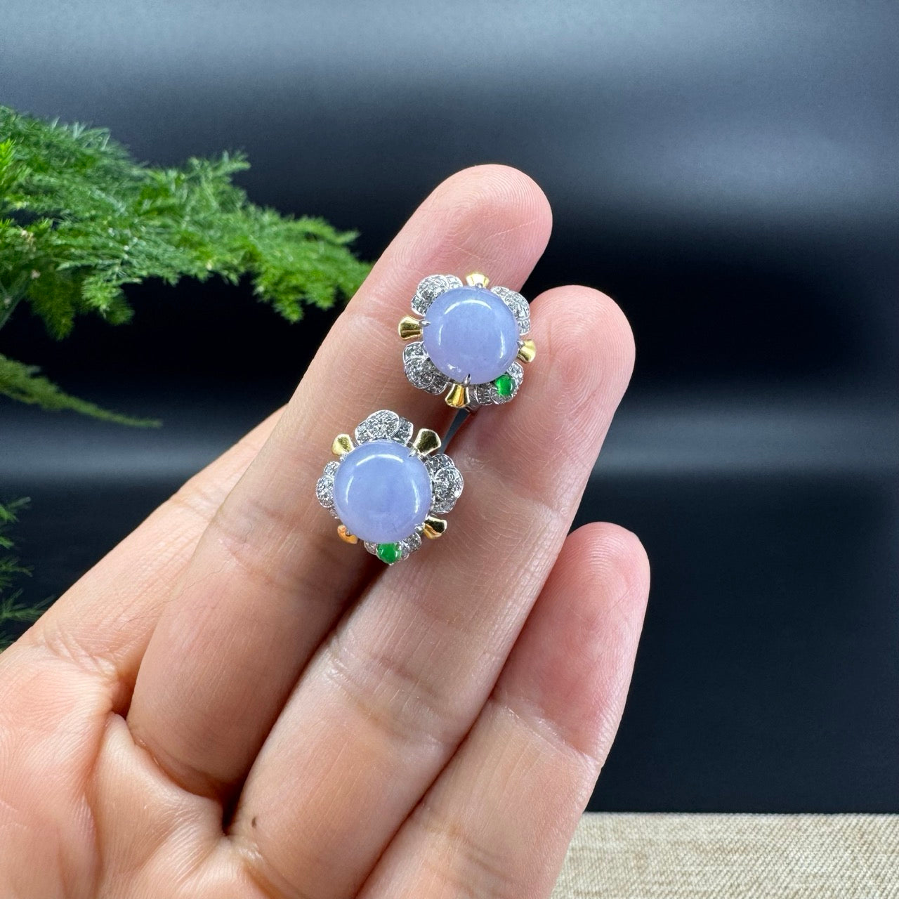 RealJade® 18k Gold Burmese Lavender Jadeite Jade Cabochon Stud Earrings with Diamonds