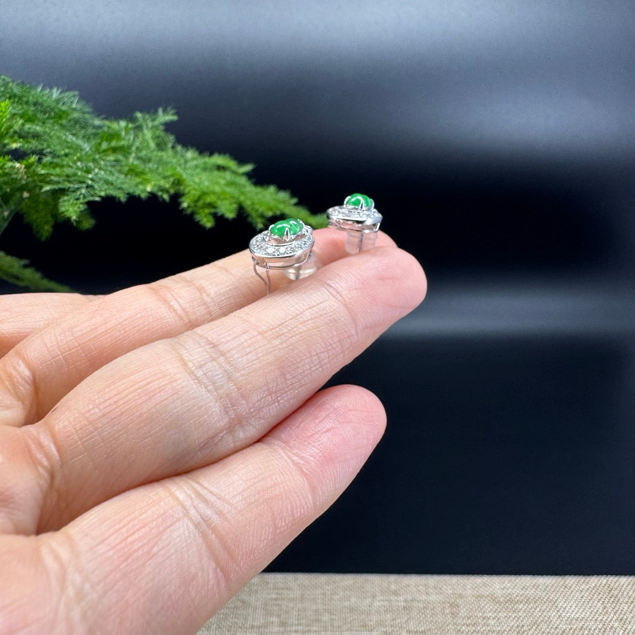 RealJade® 18k White Gold Real Imperial Green Jadeite Jade Hulu Stud Earrings with Diamonds