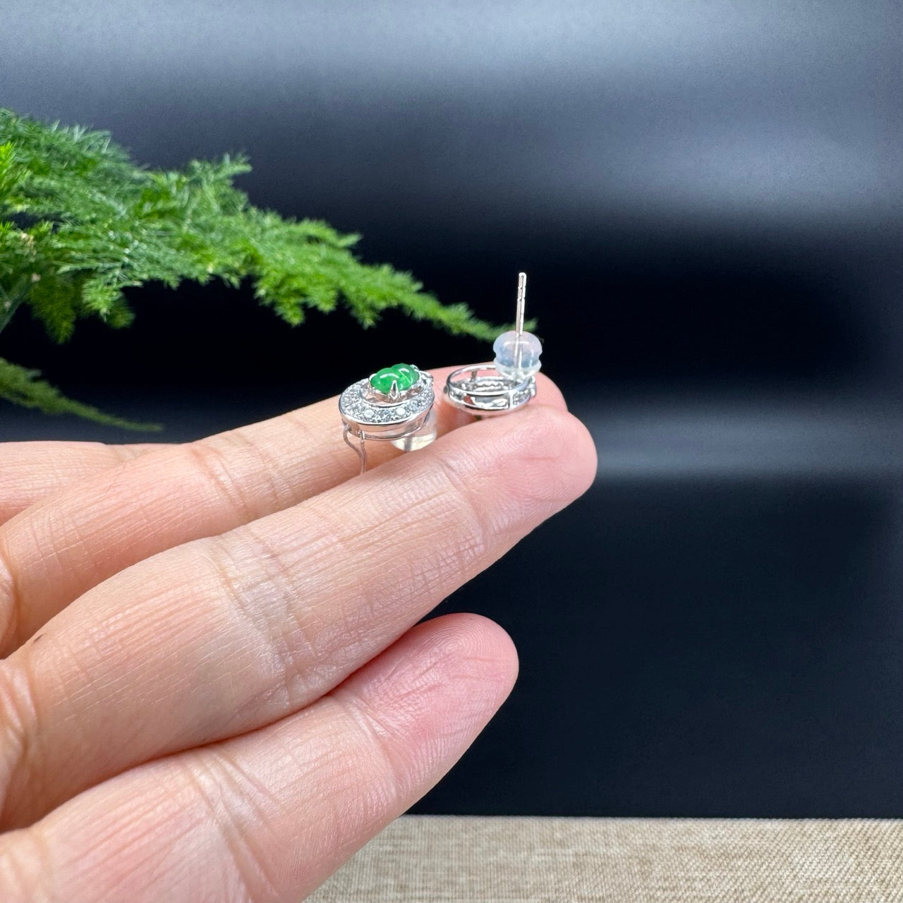 RealJade® 18k White Gold Real Imperial Green Jadeite Jade Hulu Stud Earrings with Diamonds