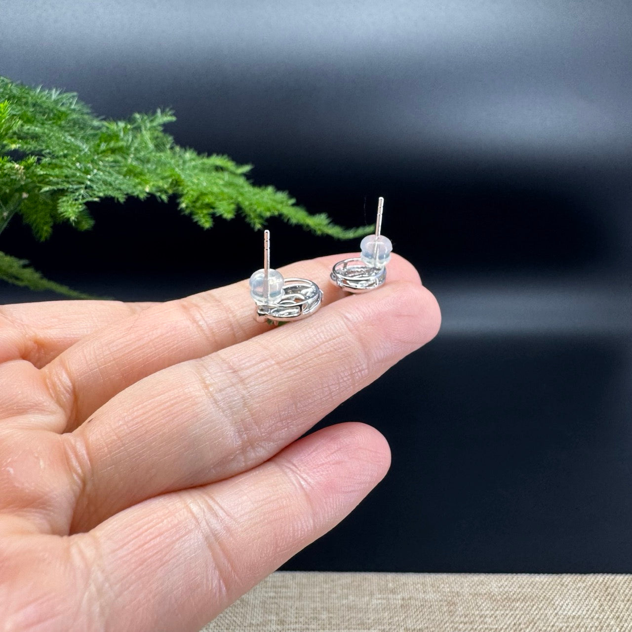 RealJade® 18k White Gold Real Imperial Green Jadeite Jade Hulu Stud Earrings with Diamonds