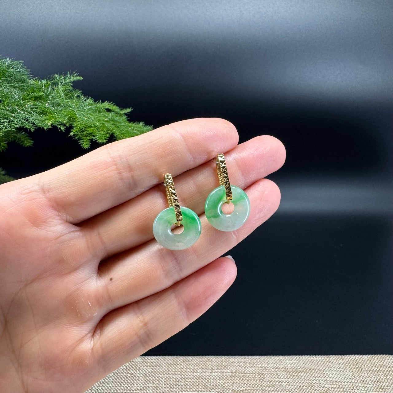 18k Yellow Gold Genuine Icy Green Koukou Jadeite Jade Earrings