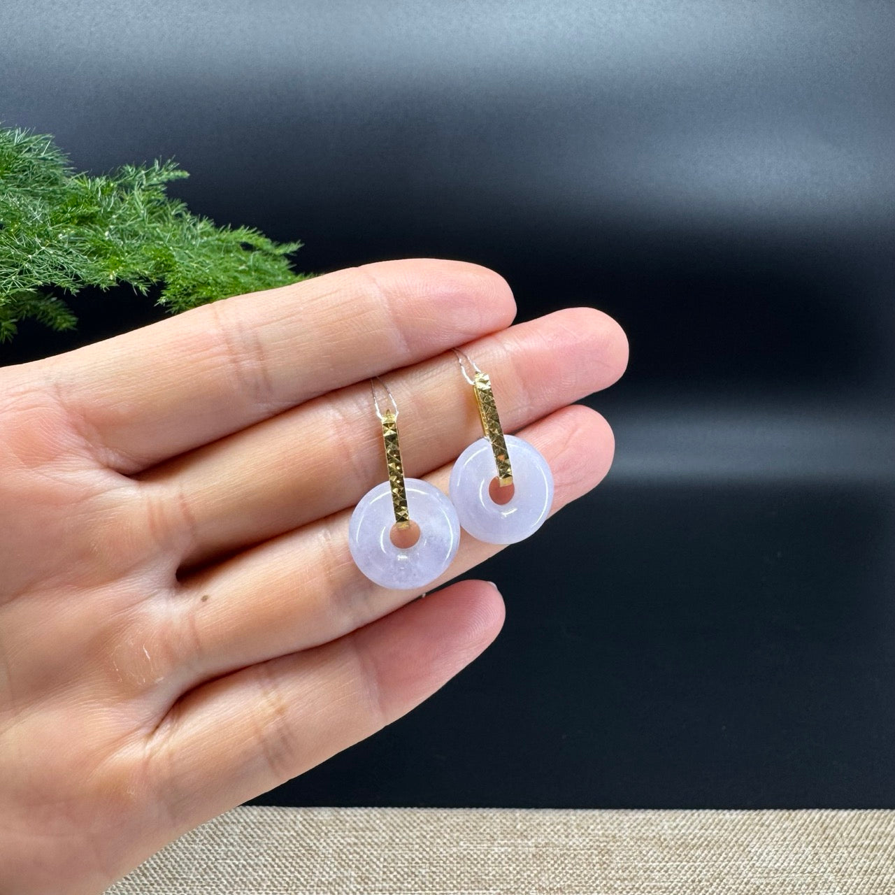 18k Yellow Gold Genuine Lavender Koukou Jadeite Jade Earrings