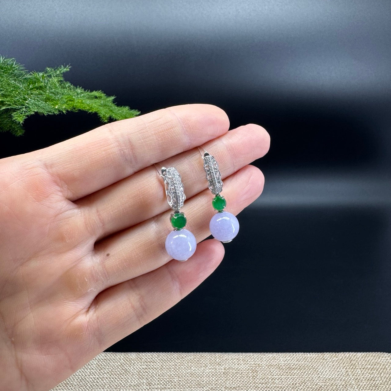 18k White Gold Genuine Lavender Bead Jadeite Jade Earrings with Diamonds