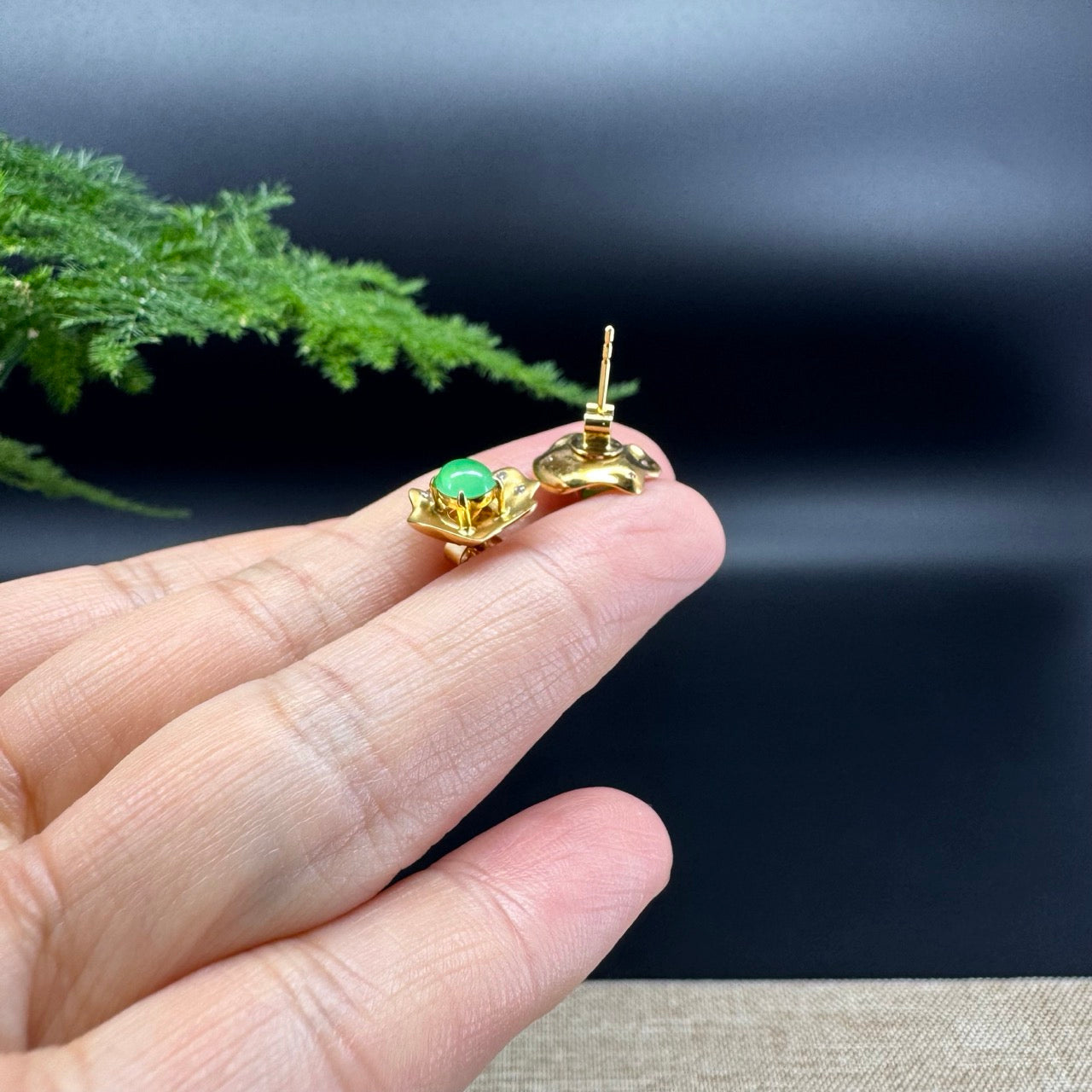 18k Yellow Gold Green Jadeite Jade 'Lotus Leaf' Stud Earrings with Diamonds